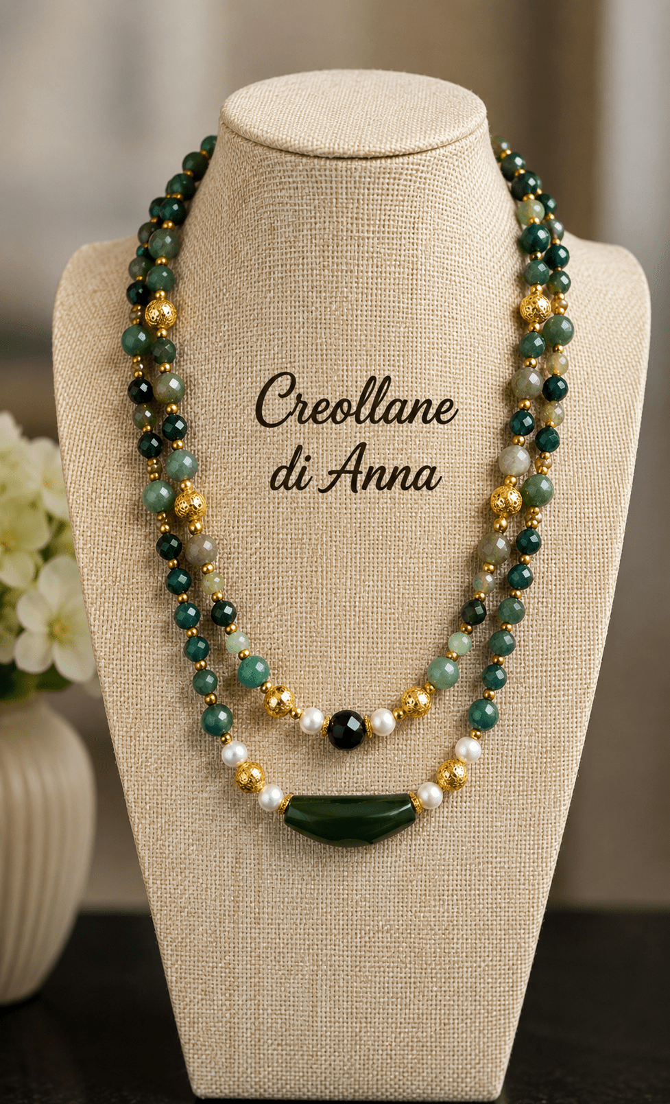 Collane Collana Girocollo Doppio Filo Artigianale Handmade | Agata Muschiata, Crisoprasio e Perle di Maiorca | Made in Italy - Handmade Made in Italy