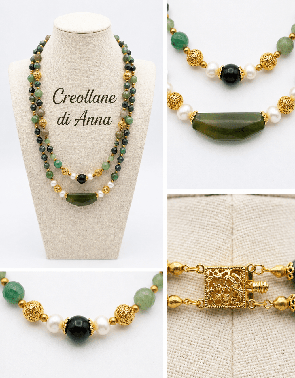 Collane Collana Girocollo Doppio Filo Artigianale Handmade | Agata Muschiata, Crisoprasio e Perle di Maiorca | Made in Italy - Handmade Made in Italy