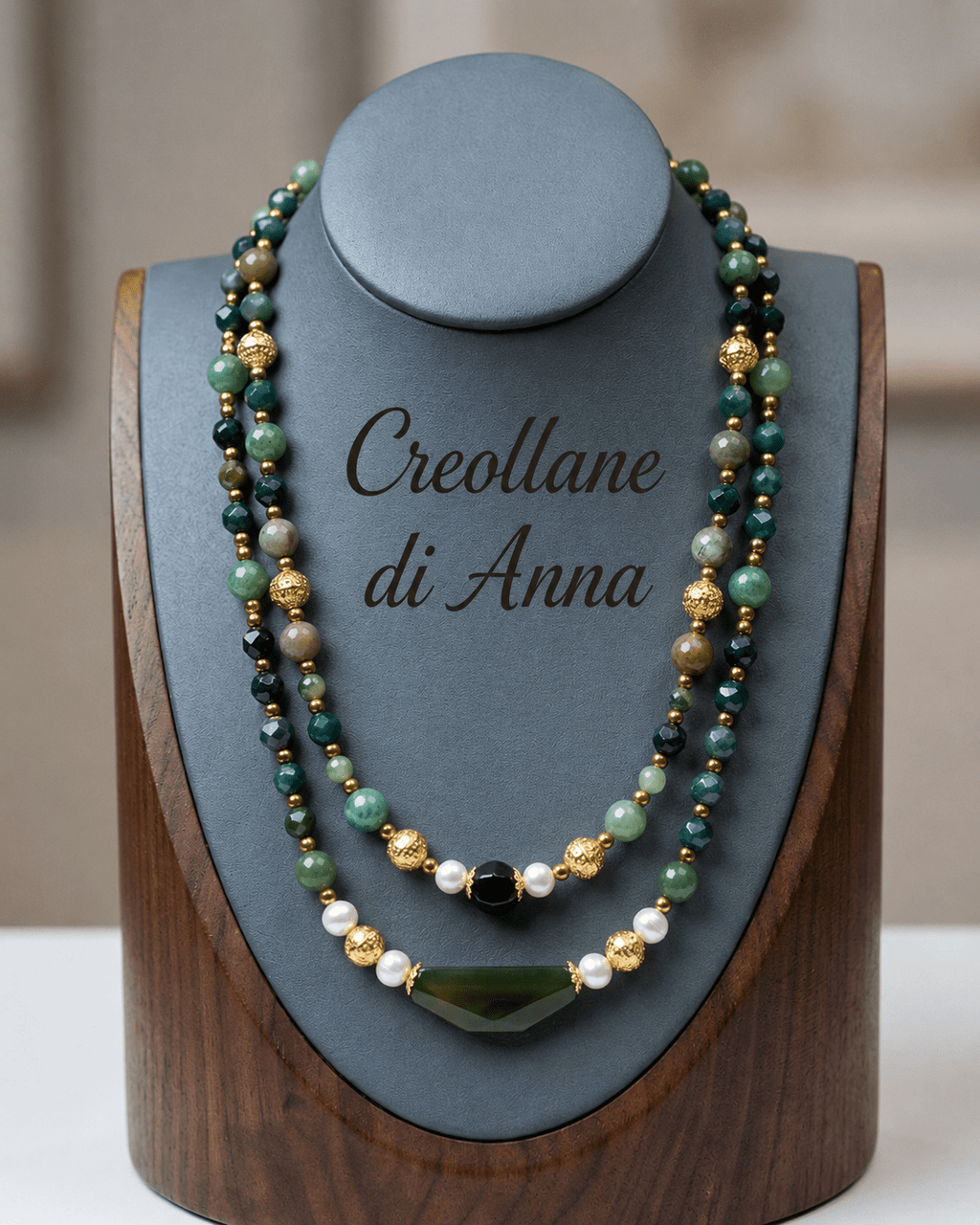Collane Collana Girocollo Doppio Filo Artigianale Handmade | Agata Muschiata, Crisoprasio e Perle di Maiorca | Made in Italy - Handmade Made in Italy