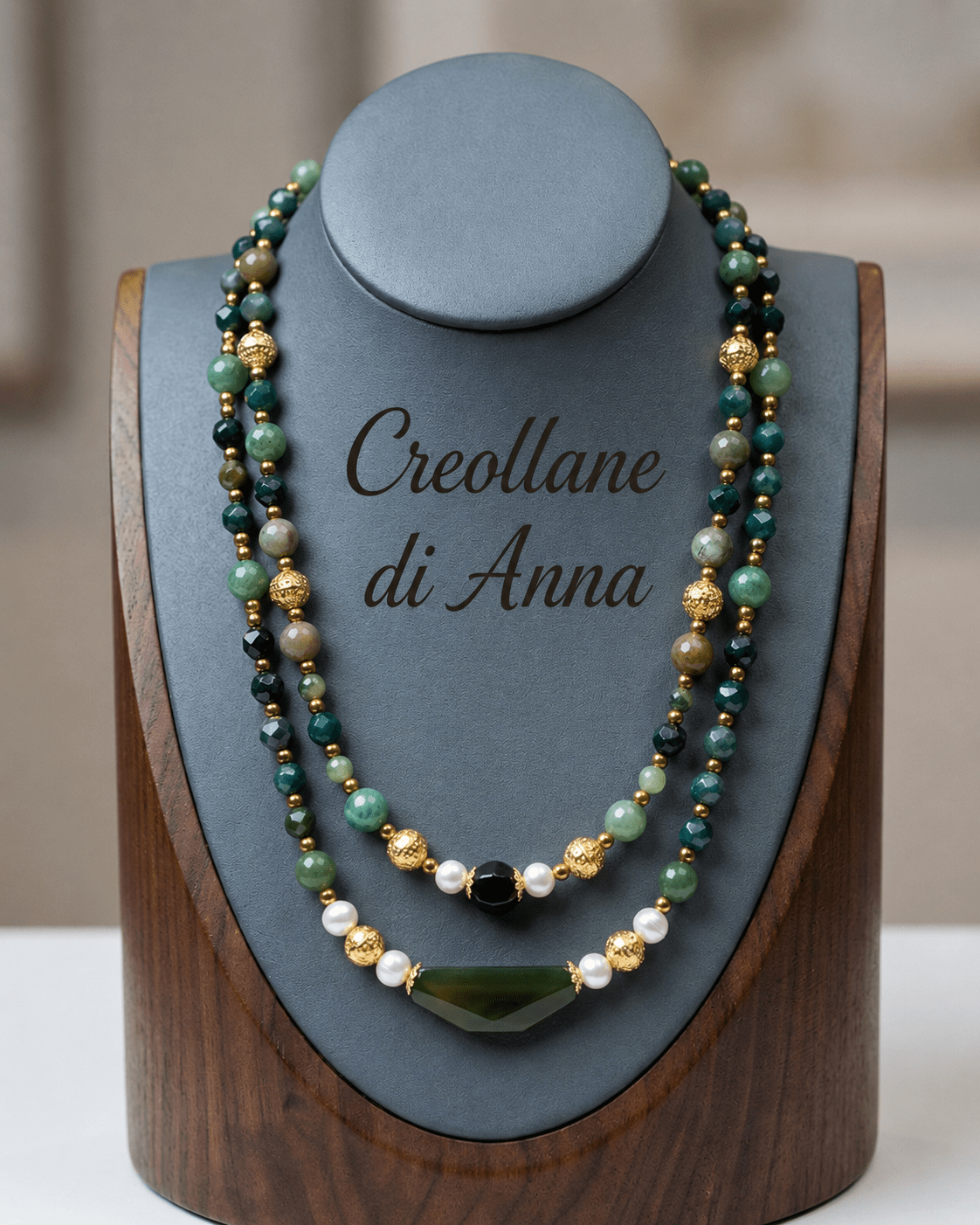Collane Collana Girocollo Doppio Filo Artigianale Handmade | Agata Muschiata, Crisoprasio e Perle di Maiorca | Made in Italy - Handmade Made in Italy