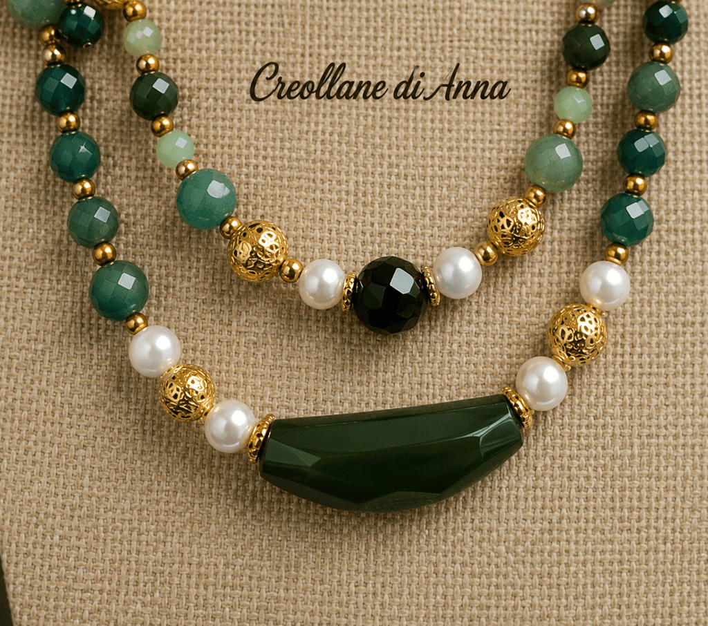Collane Collana Girocollo Doppio Filo Artigianale Handmade | Agata Muschiata, Crisoprasio e Perle di Maiorca | Made in Italy - Handmade Made in Italy