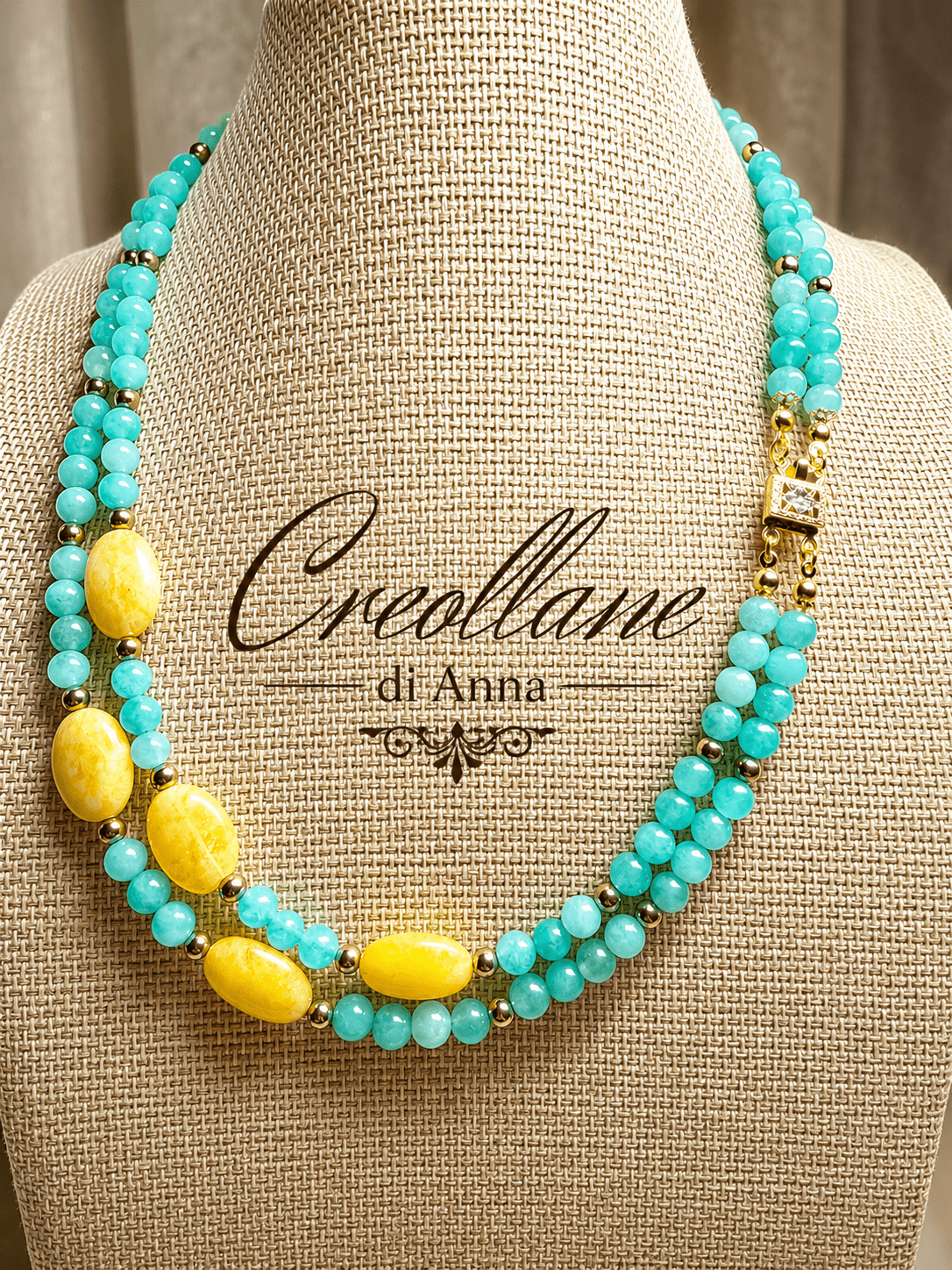 Collane Collana Girocollo Doppio Filo Artigianale Handmade | Crisoprasio, Giada, Perle di Fiume ed Ematite | Made in Italy - Handmade Made in Italy