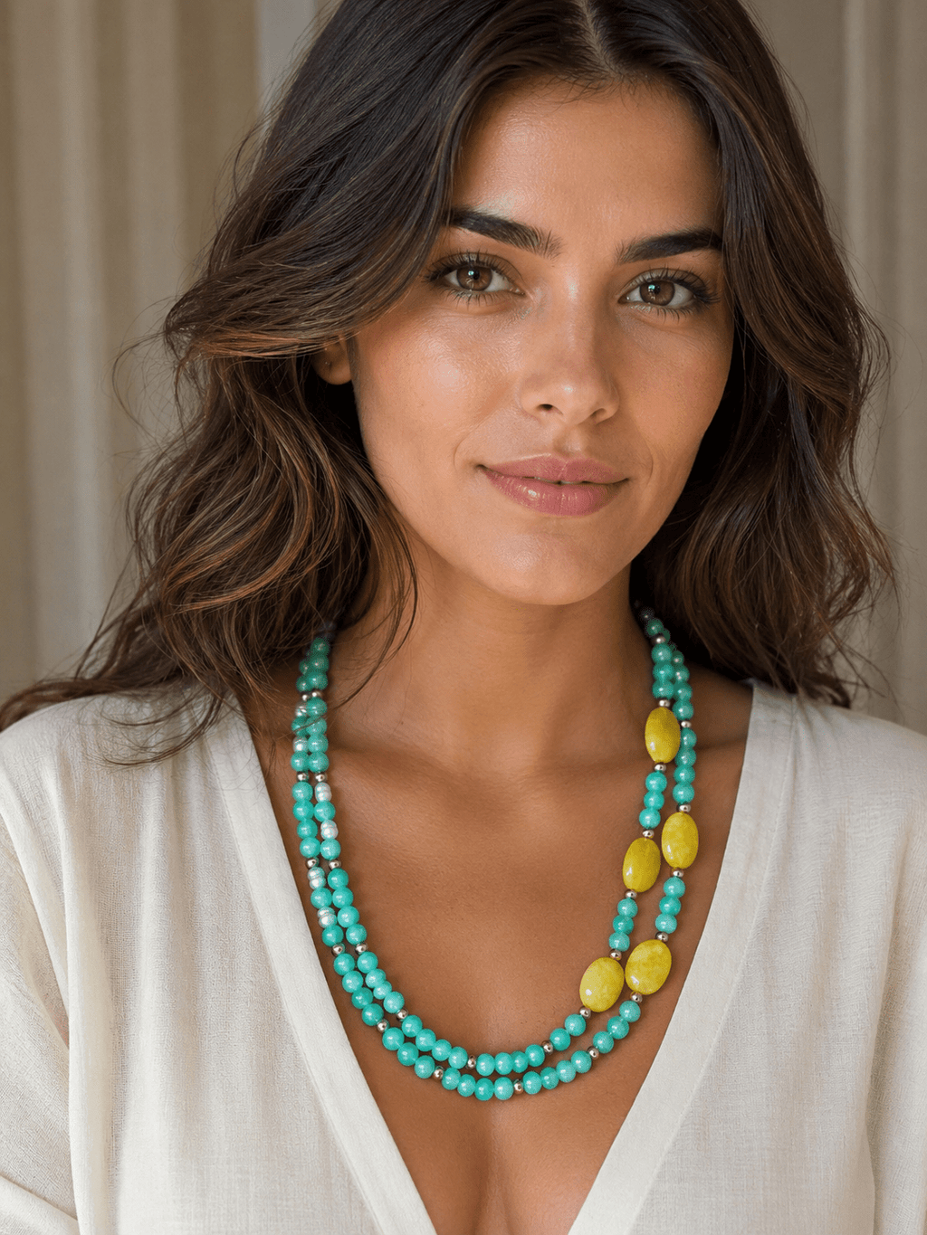 Collane Collana Girocollo Doppio Filo Artigianale Handmade | Crisoprasio, Giada, Perle di Fiume ed Ematite | Made in Italy - Handmade Made in Italy