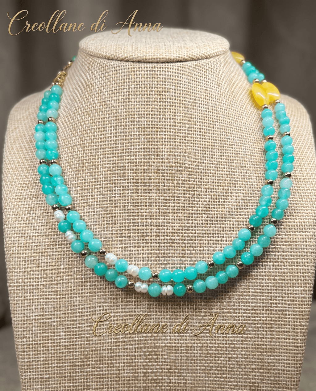 Collane Collana Girocollo Doppio Filo Artigianale Handmade | Crisoprasio, Giada, Perle di Fiume ed Ematite | Made in Italy - Handmade Made in Italy