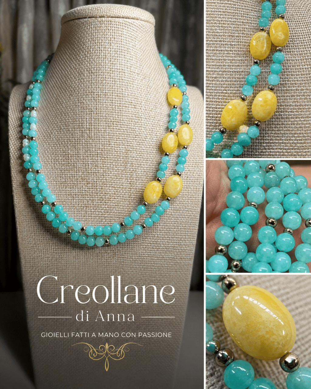 Collane Collana Girocollo Doppio Filo Artigianale Handmade | Crisoprasio, Giada, Perle di Fiume ed Ematite | Made in Italy - Handmade Made in Italy