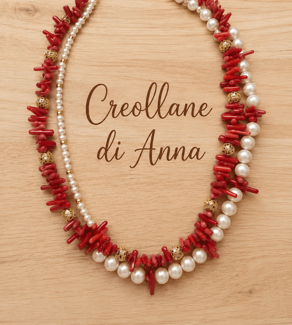 Collane Collana Girocollo Doppio Filo Artigianale Handmade | Perle di Maiorca, Corallo Bambù Rosso e Cristalli Oro | Made in Italy - Handmade Made in Italy