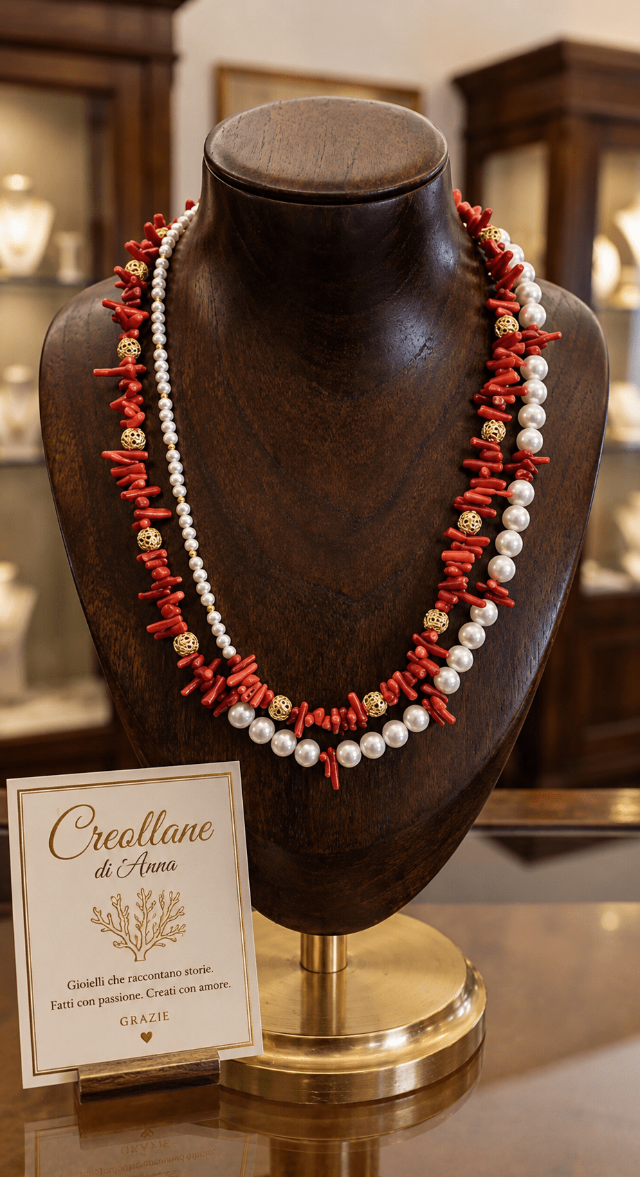 Collane Collana Girocollo Doppio Filo Artigianale Handmade | Perle di Maiorca, Corallo Bambù Rosso e Cristalli Oro | Made in Italy - Handmade Made in Italy