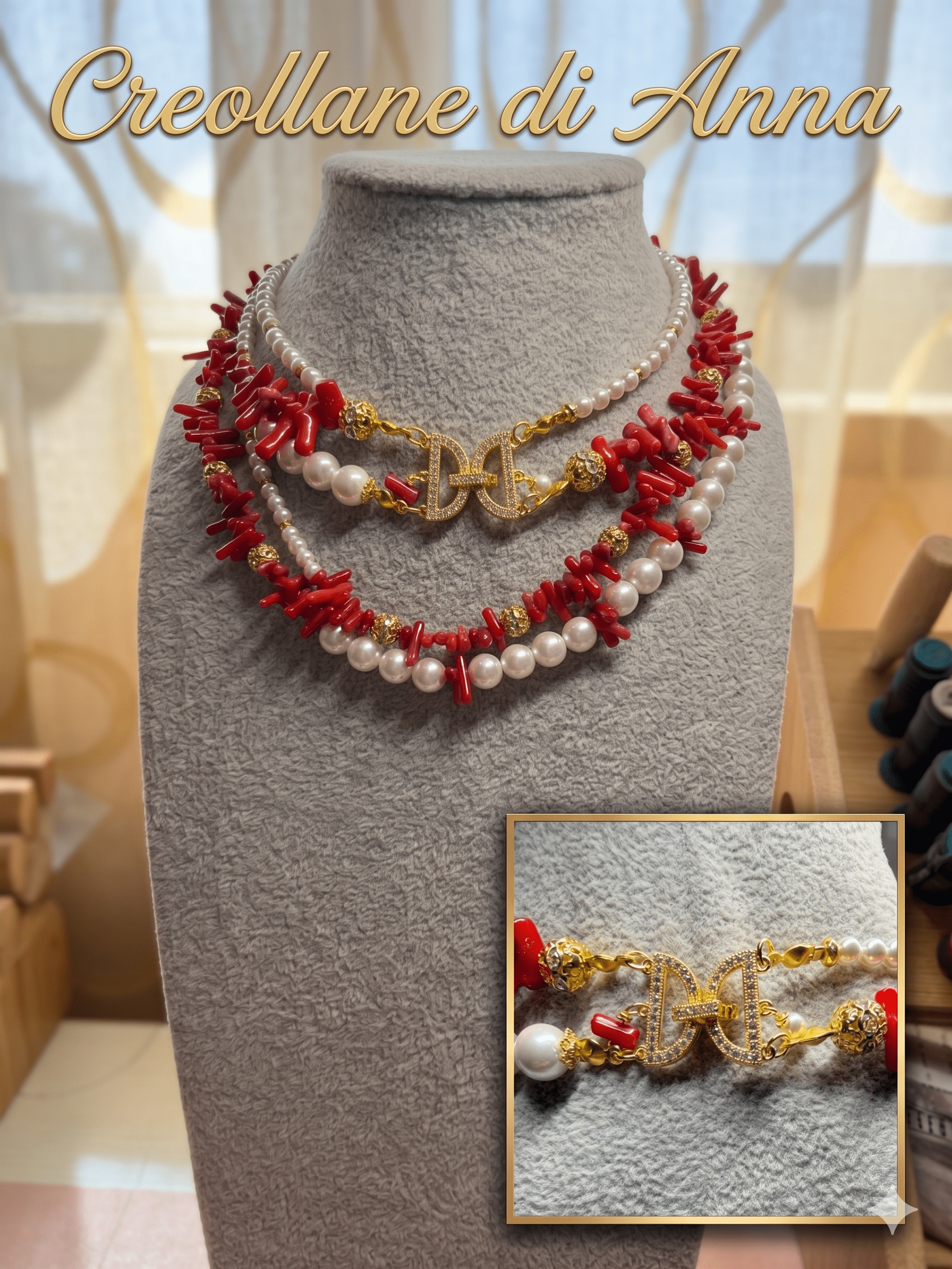 Collane Collana Girocollo Doppio Filo Artigianale Handmade | Perle di Maiorca, Corallo Bambù Rosso e Cristalli Oro | Made in Italy - Handmade Made in Italy