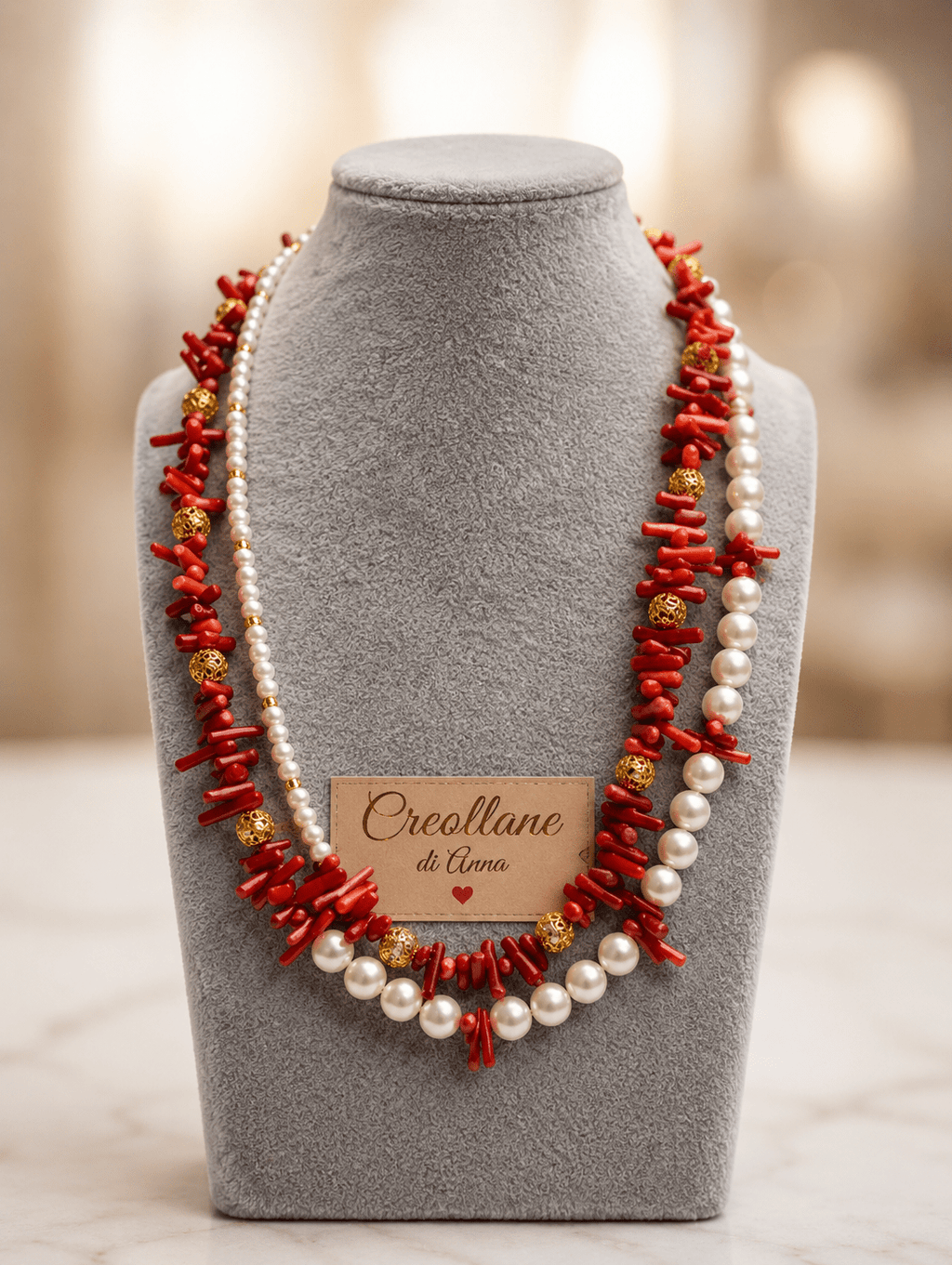 Collane Collana Girocollo Doppio Filo Artigianale Handmade | Perle di Maiorca, Corallo Bambù Rosso e Cristalli Oro | Made in Italy - Handmade Made in Italy