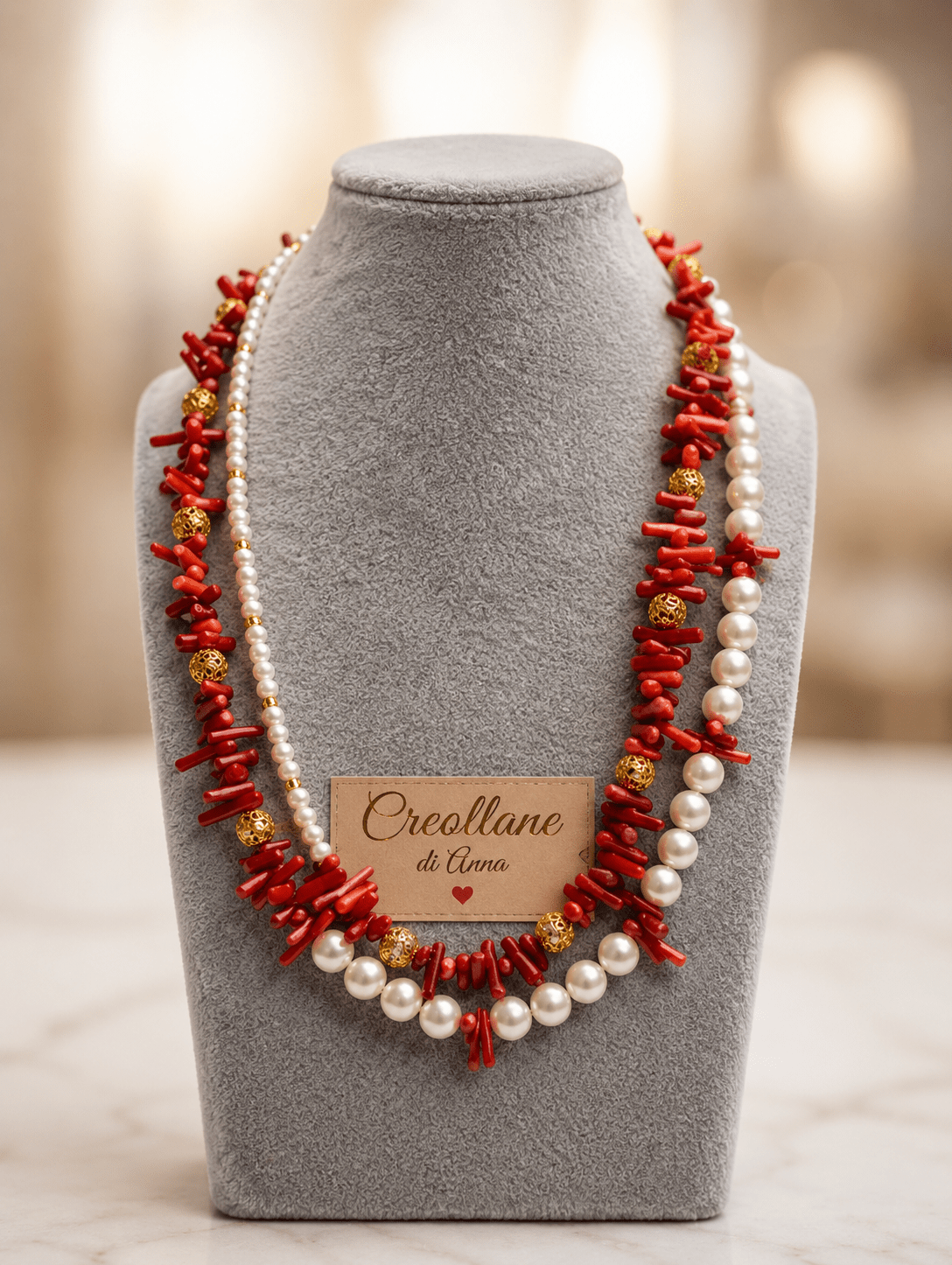 Collane Collana Girocollo Doppio Filo Artigianale Handmade | Perle di Maiorca, Corallo Bambù Rosso e Cristalli Oro | Made in Italy - Handmade Made in Italy