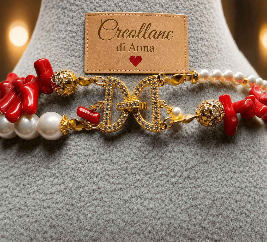 Collane Collana Girocollo Doppio Filo Artigianale Handmade | Perle di Maiorca, Corallo Bambù Rosso e Cristalli Oro | Made in Italy - Handmade Made in Italy