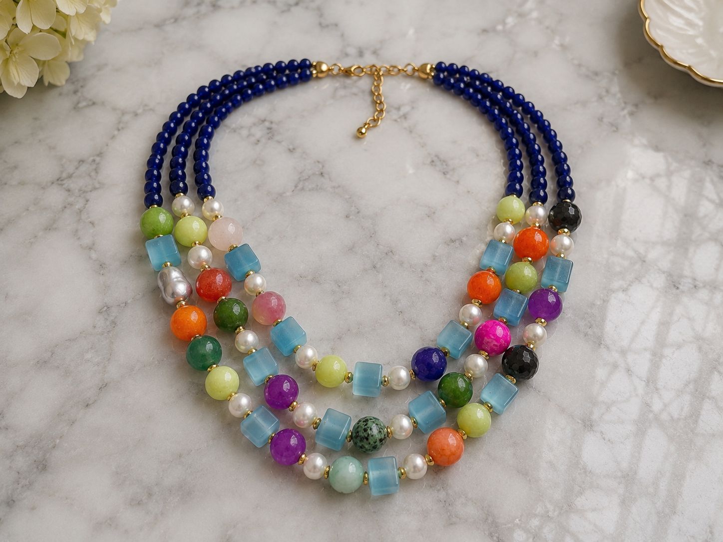 Collane Collana girocollo multifilo agata e giade blu multicolore | Handmade Italia - Handmade Made in Italy