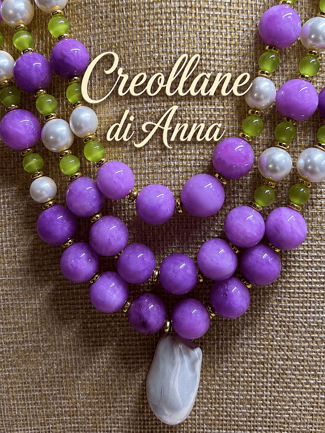 Collane Collana Girocollo Multifilo Artigianale Handmade | Fosfosiderite Lilla, Occhio di Gatto e Perle di Maiorca | Made in Italy - Handmade Made in Italy