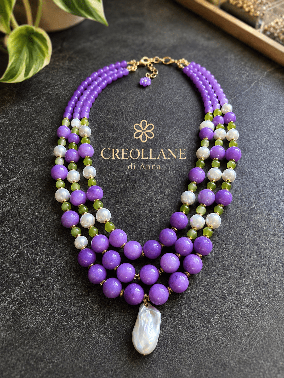 Collane Collana Girocollo Multifilo Artigianale Handmade | Fosfosiderite Lilla, Occhio di Gatto e Perle di Maiorca | Made in Italy - Handmade Made in Italy