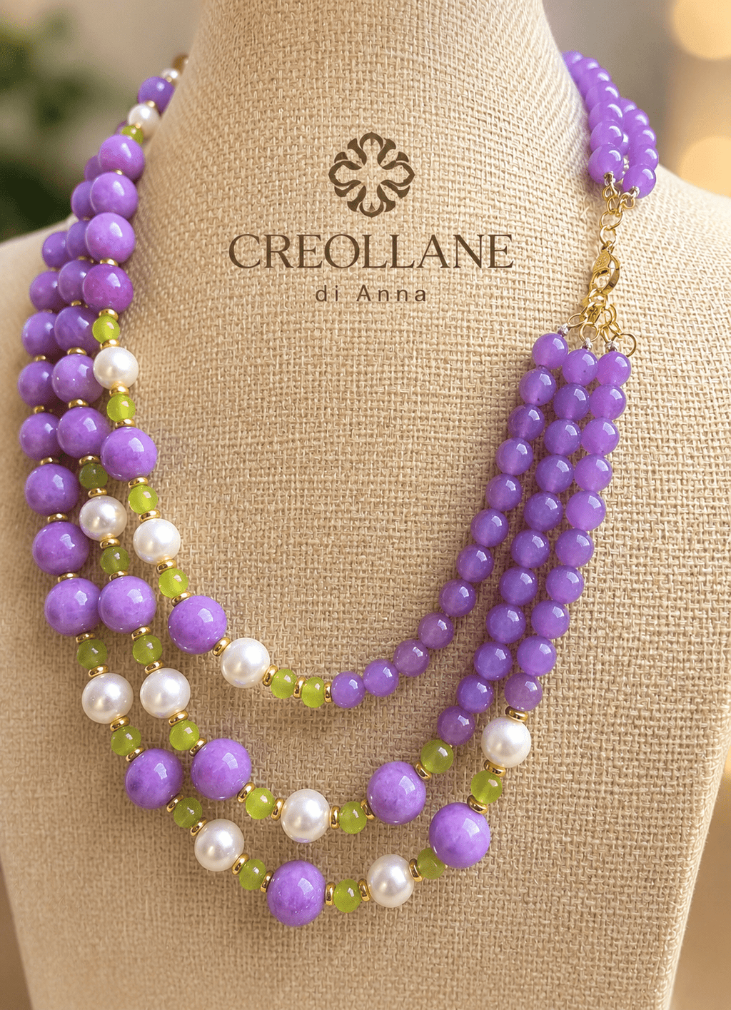 Collane Collana Girocollo Multifilo Artigianale Handmade | Fosfosiderite Lilla, Occhio di Gatto e Perle di Maiorca | Made in Italy - Handmade Made in Italy