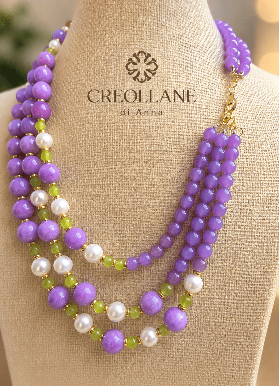 Collane Collana Girocollo Multifilo Artigianale Handmade | Fosfosiderite Lilla, Occhio di Gatto e Perle di Maiorca | Made in Italy - Handmade Made in Italy