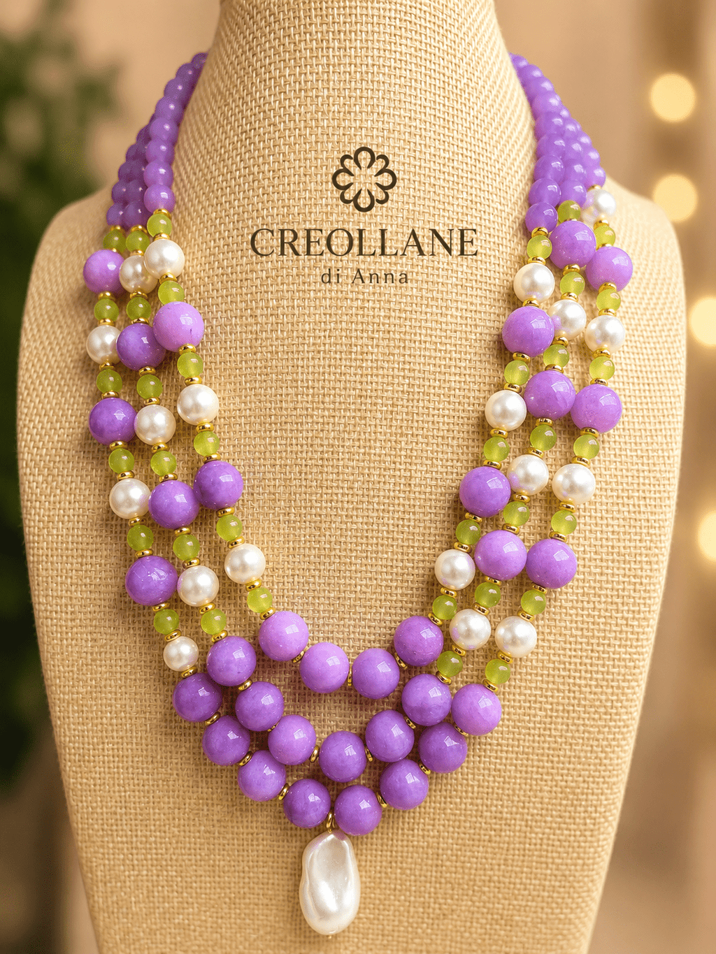 Collane Collana Girocollo Multifilo Artigianale Handmade | Fosfosiderite Lilla, Occhio di Gatto e Perle di Maiorca | Made in Italy - Handmade Made in Italy