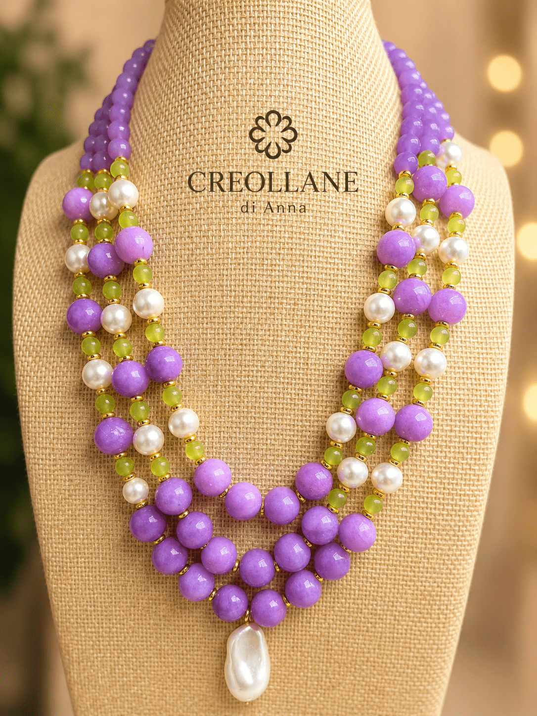 Collane Collana Girocollo Multifilo Artigianale Handmade | Fosfosiderite Lilla, Occhio di Gatto e Perle di Maiorca | Made in Italy - Handmade Made in Italy