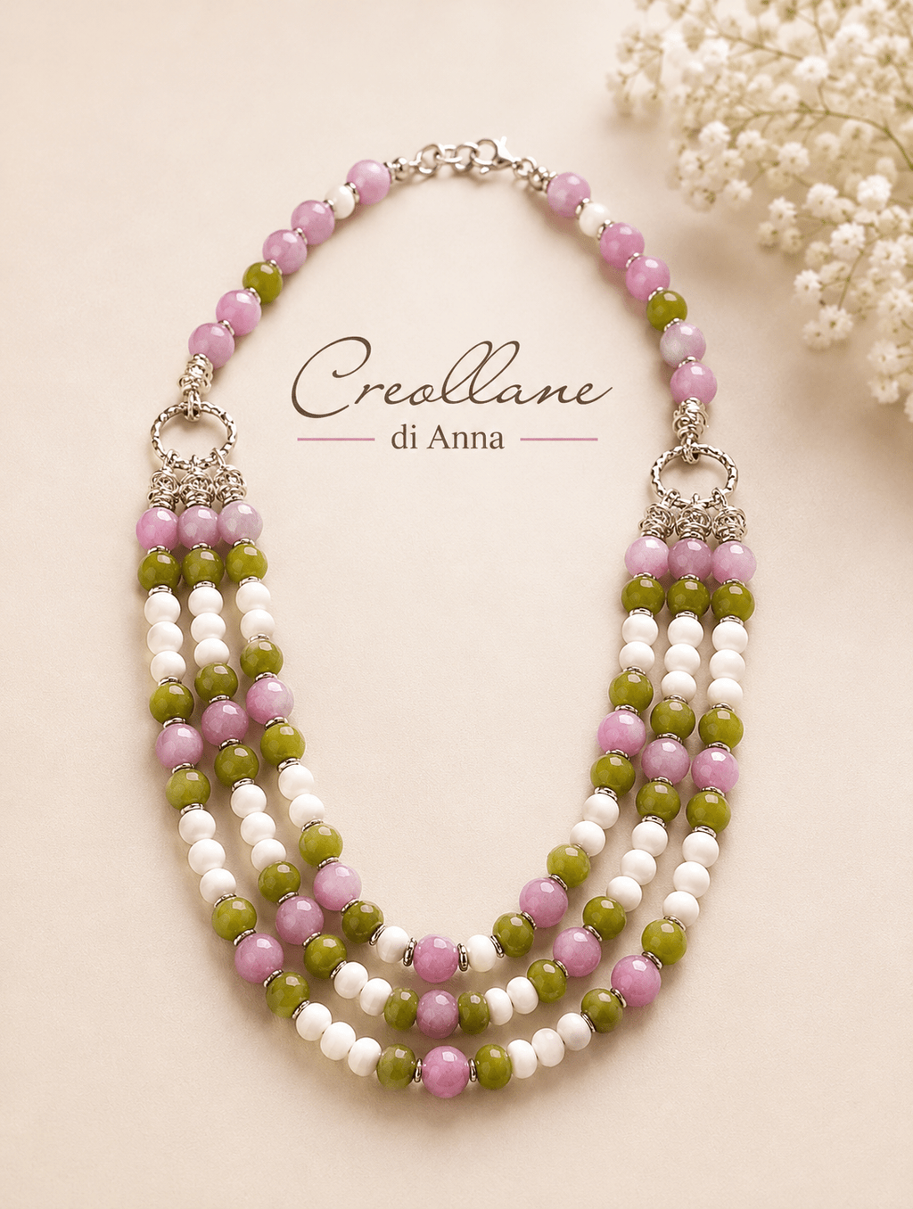 Collane Collana Girocollo Multifilo Artigianale Handmade | Quarzo Rosa, Opale e Serpentino | Made in Italy - Handmade Made in Italy