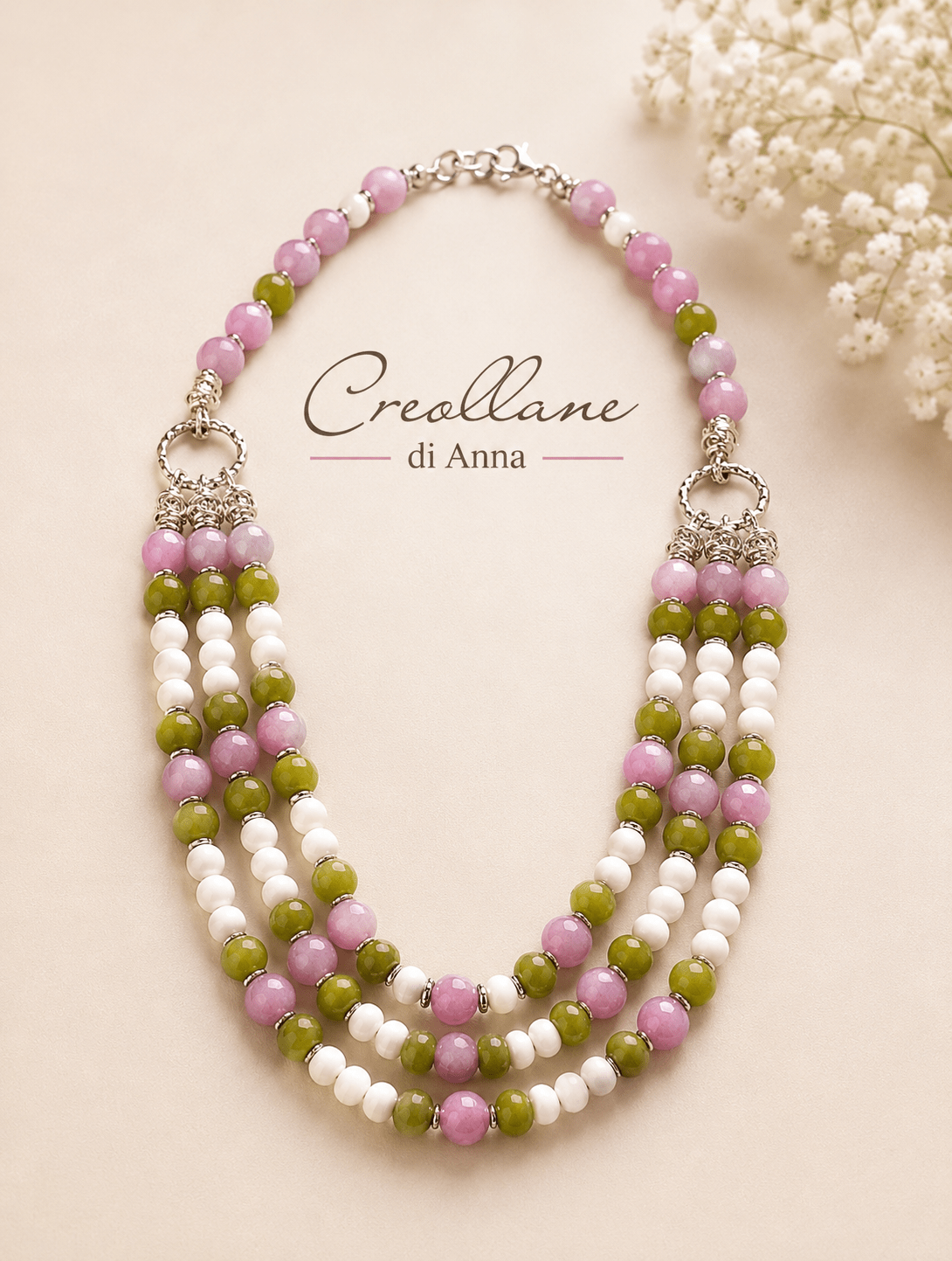 Collane Collana Girocollo Multifilo Artigianale Handmade | Quarzo Rosa, Opale e Serpentino | Made in Italy - Handmade Made in Italy