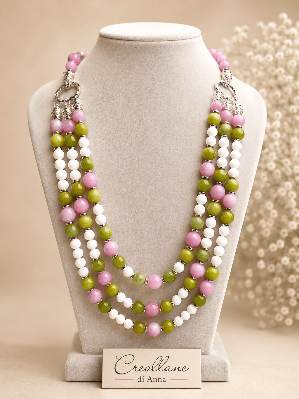 Collane Collana Girocollo Multifilo Artigianale Handmade | Quarzo Rosa, Opale e Serpentino | Made in Italy - Handmade Made in Italy