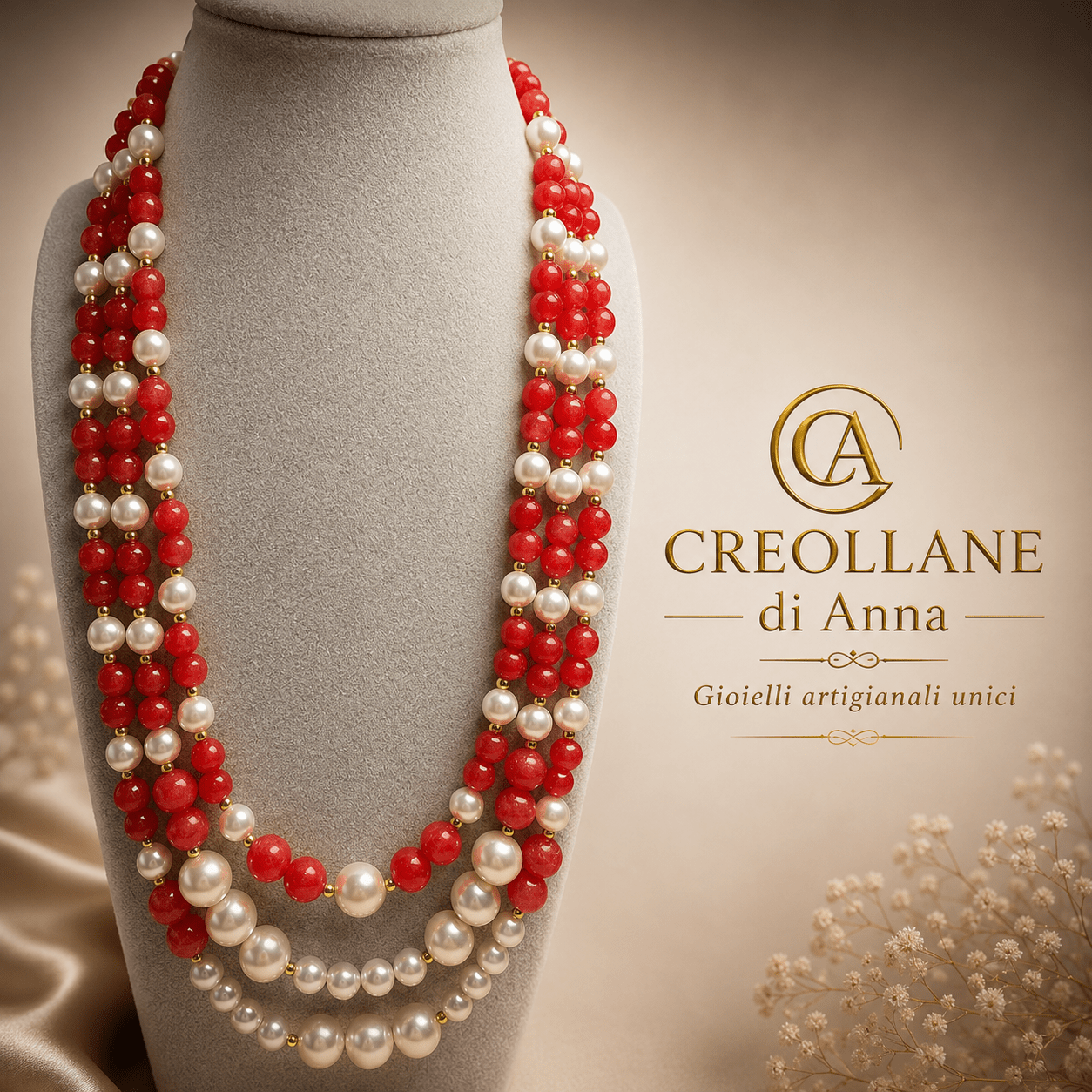 Collane Collana Girocollo Multifilo Artigianale Handmade | Rodocrosite Rosso e Perle di Maiorca | Made in Italy - Handmade Made in Italy