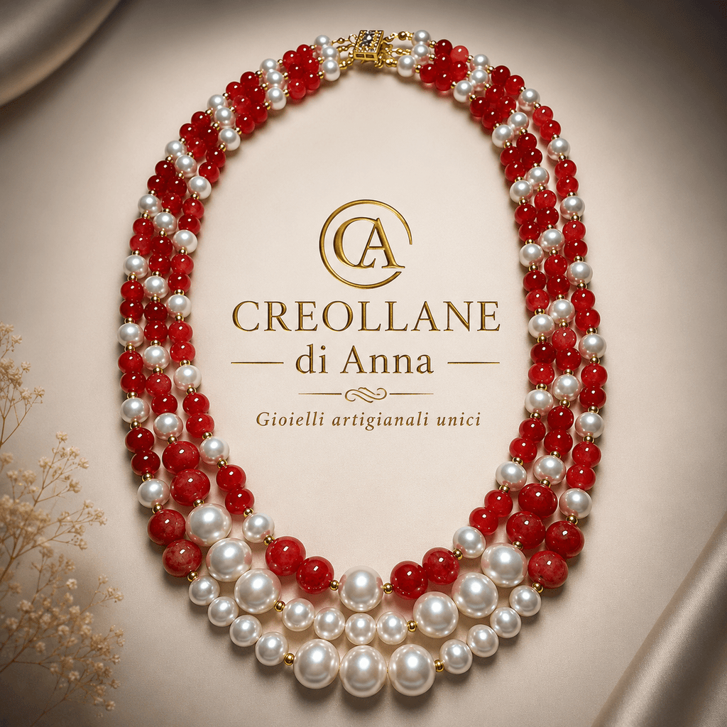 Collane Collana Girocollo Multifilo Artigianale Handmade | Rodocrosite Rosso e Perle di Maiorca | Made in Italy - Handmade Made in Italy
