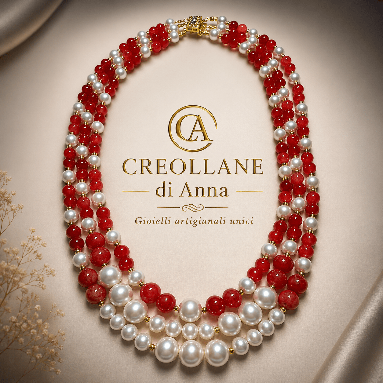 Collane Collana Girocollo Multifilo Artigianale Handmade | Rodocrosite Rosso e Perle di Maiorca | Made in Italy - Handmade Made in Italy