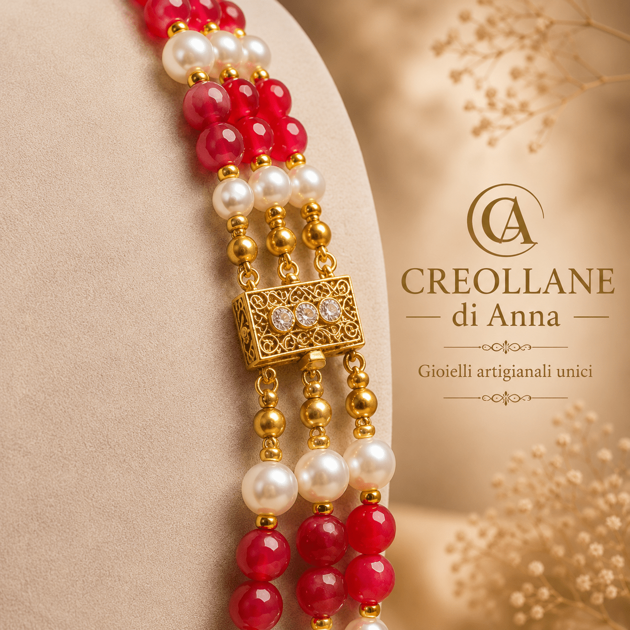 Collane Collana Girocollo Multifilo Artigianale Handmade | Rodocrosite Rosso e Perle di Maiorca | Made in Italy - Handmade Made in Italy
