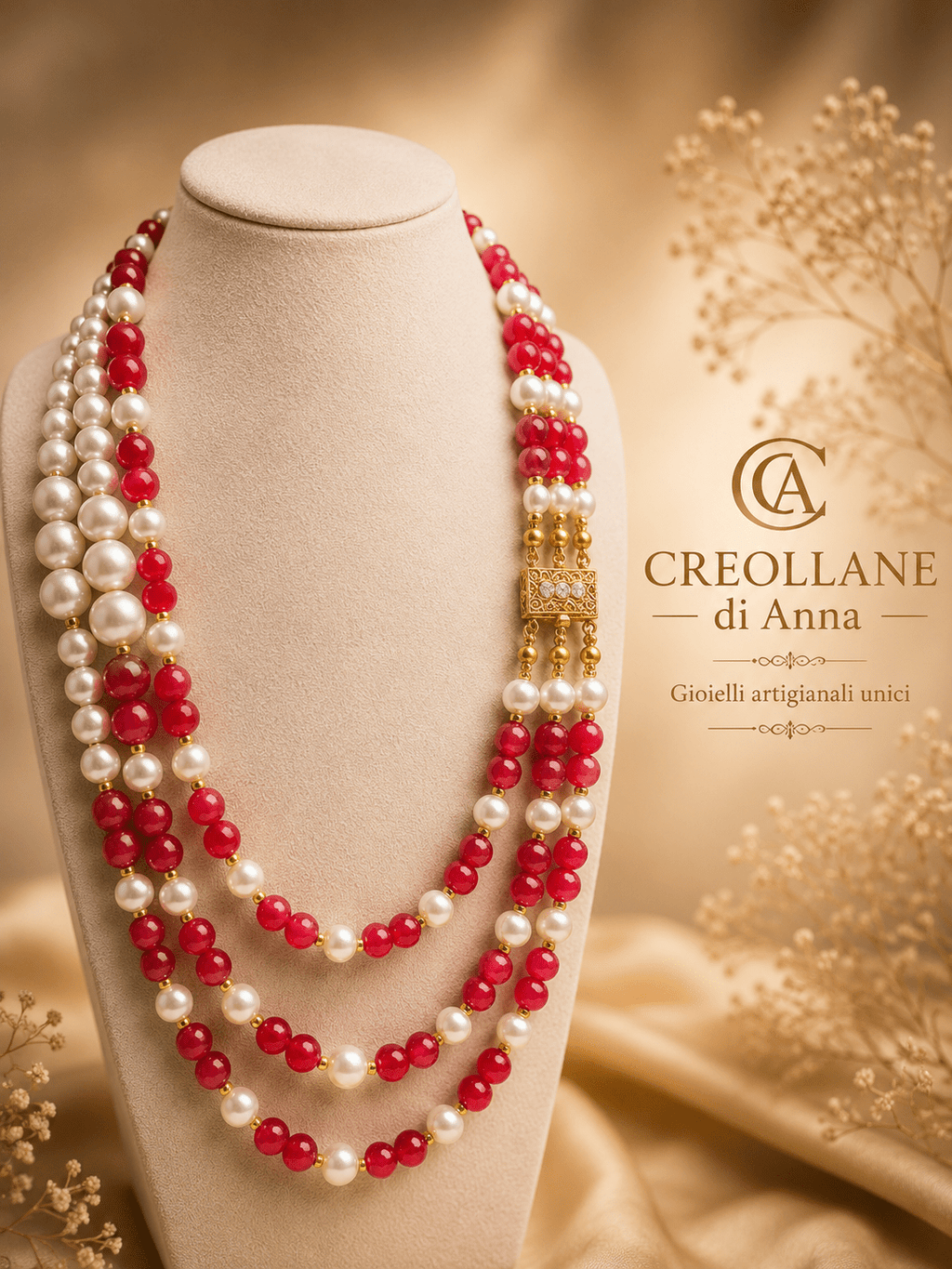 Collane Collana Girocollo Multifilo Artigianale Handmade | Rodocrosite Rosso e Perle di Maiorca | Made in Italy - Handmade Made in Italy