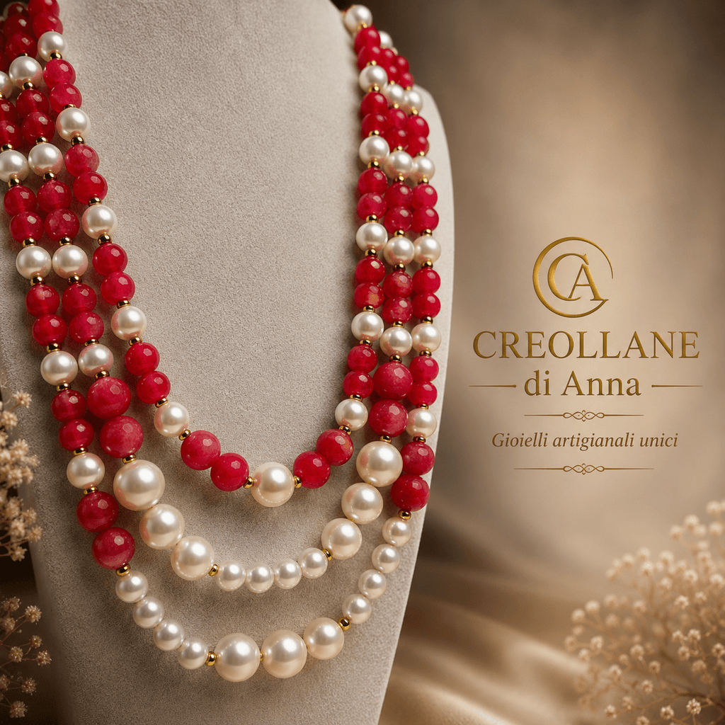 Collane Collana Girocollo Multifilo Artigianale Handmade | Rodocrosite Rosso e Perle di Maiorca | Made in Italy - Handmade Made in Italy