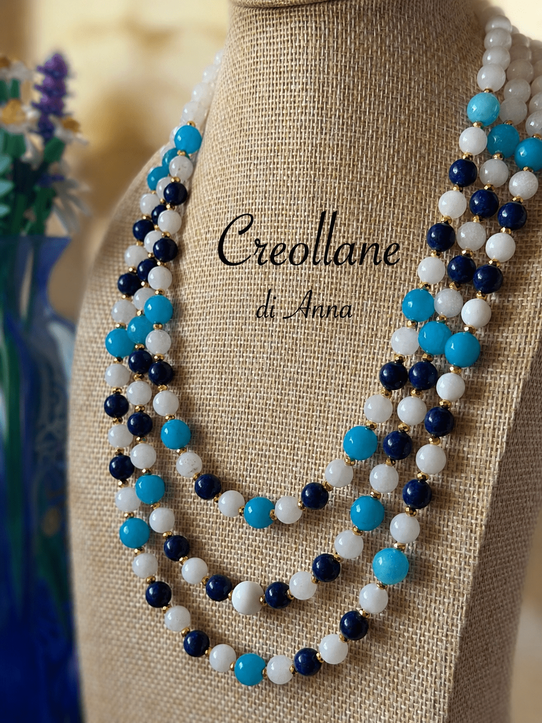 Collana Girocollo Multifilo Giada Giadeite, Agata Blu, Agata Azzurra e Inserti Oro | Handmade Made in Italy