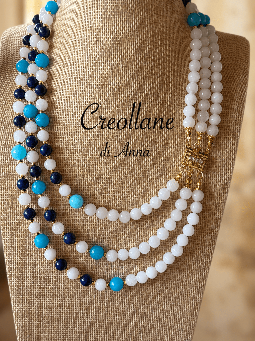 Collana Girocollo Multifilo Giada Giadeite, Agata Blu, Agata Azzurra e Inserti Oro | Handmade Made in Italy