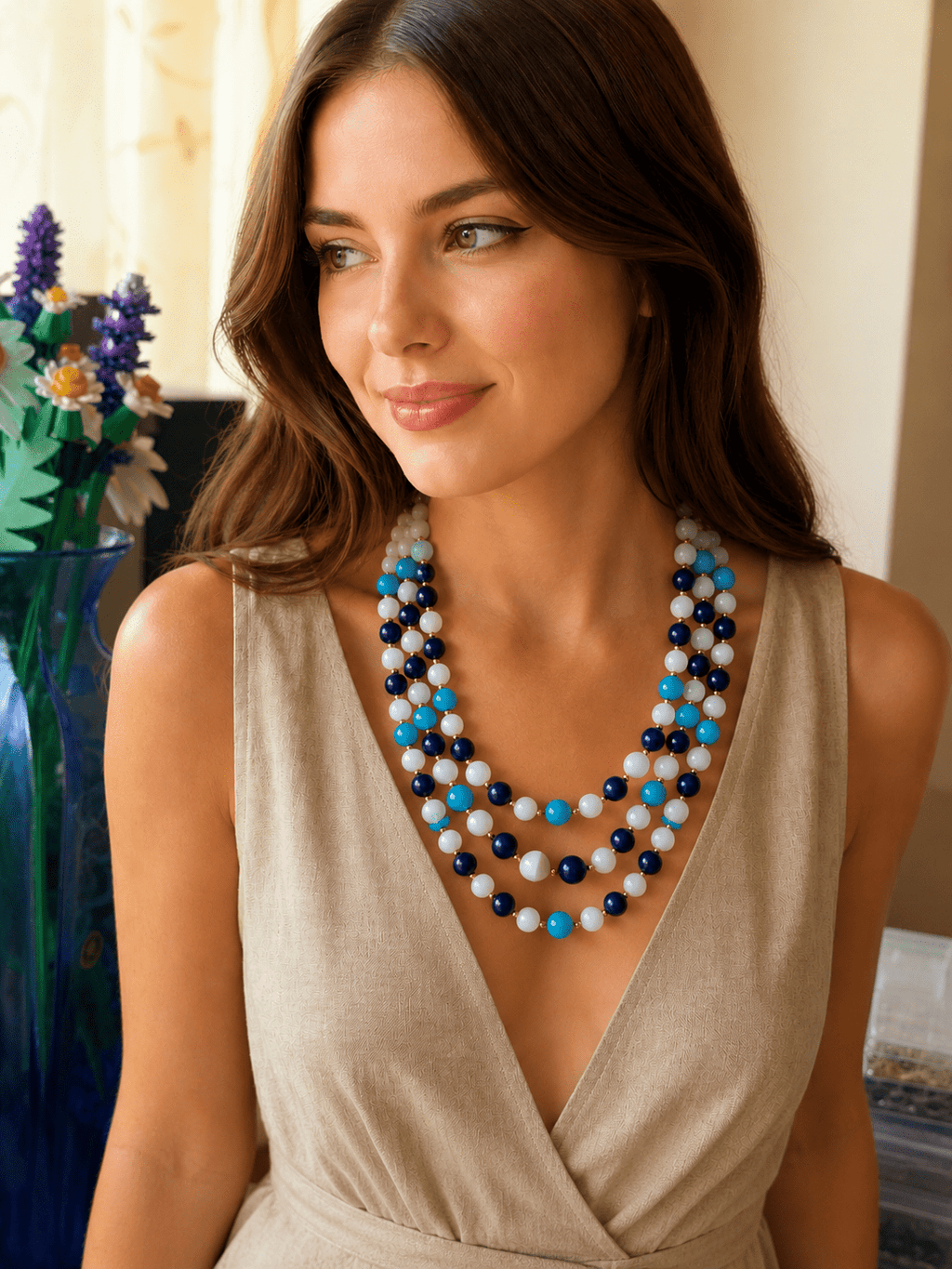 Collana Girocollo Multifilo Giada Giadeite, Agata Blu, Agata Azzurra e Inserti Oro | Handmade Made in Italy