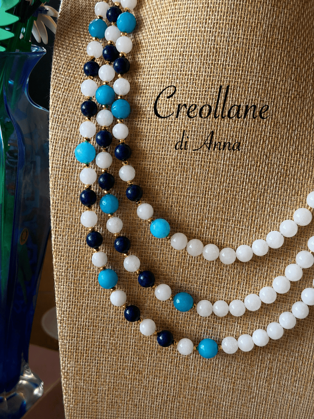 Collana Girocollo Multifilo Giada Giadeite, Agata Blu, Agata Azzurra e Inserti Oro | Handmade Made in Italy