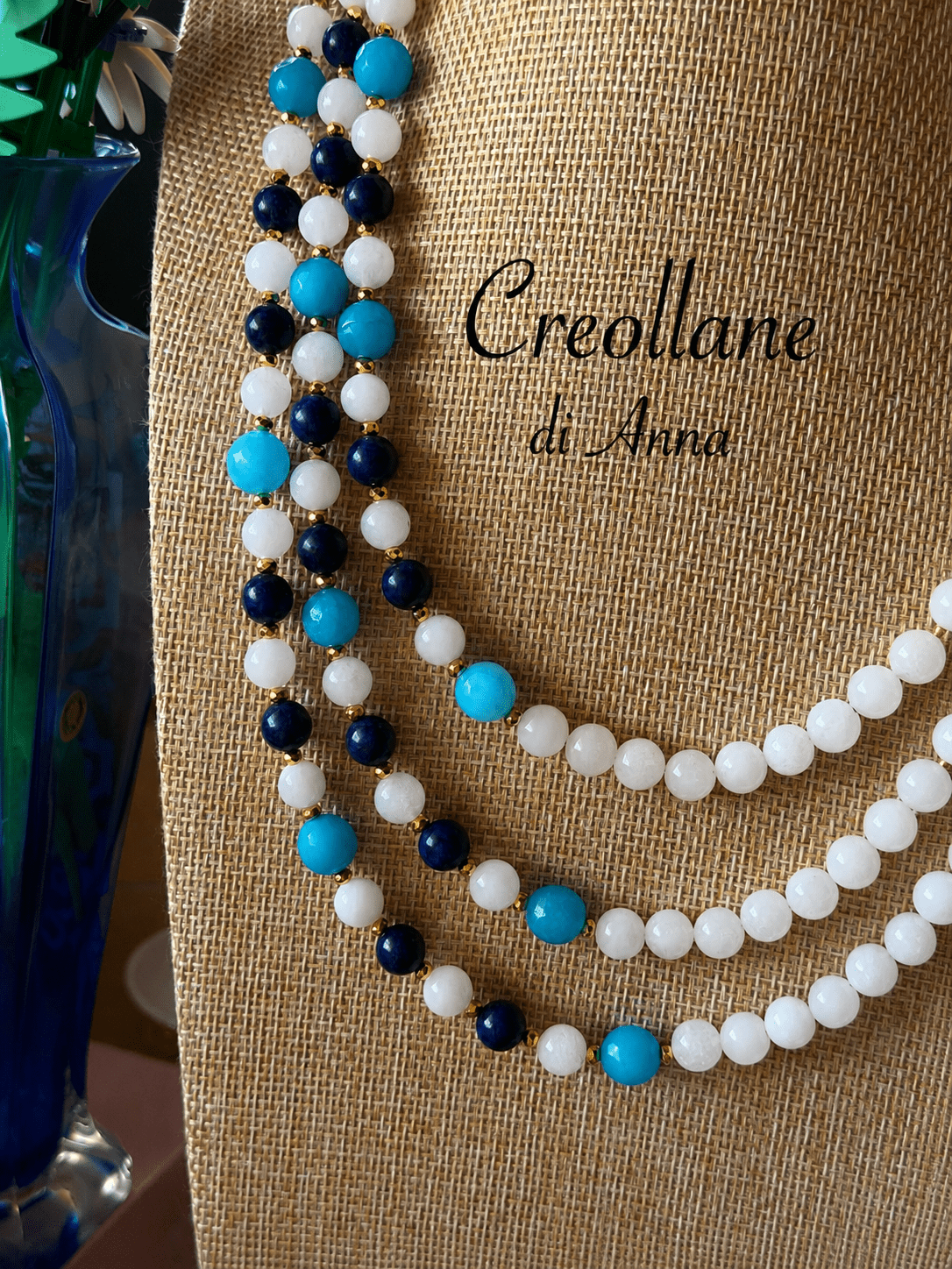 Collana Girocollo Multifilo Giada Giadeite, Agata Blu, Agata Azzurra e Inserti Oro | Handmade Made in Italy
