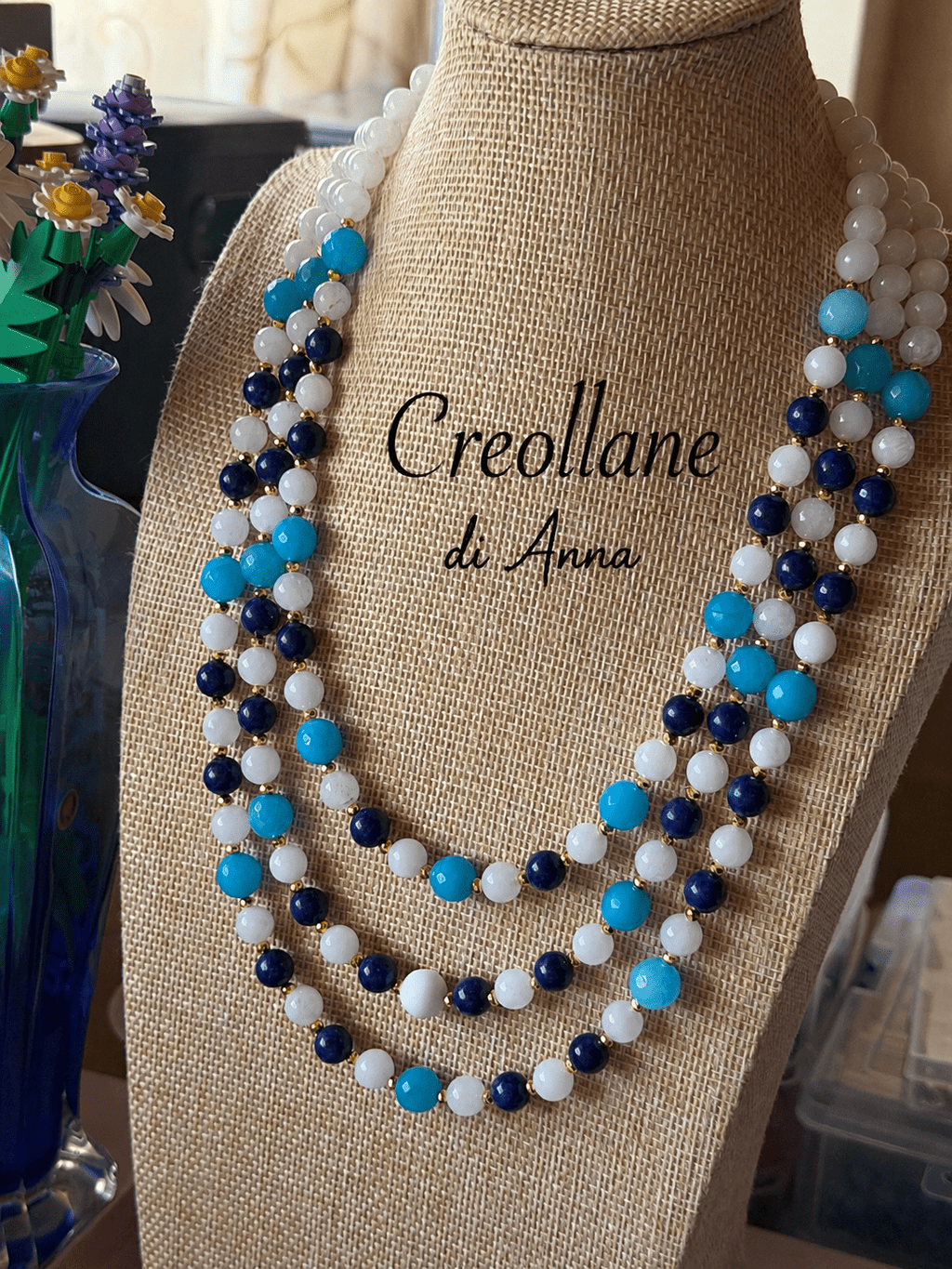 Collana Girocollo Multifilo Giada Giadeite, Agata Blu, Agata Azzurra e Inserti Oro | Handmade Made in Italy