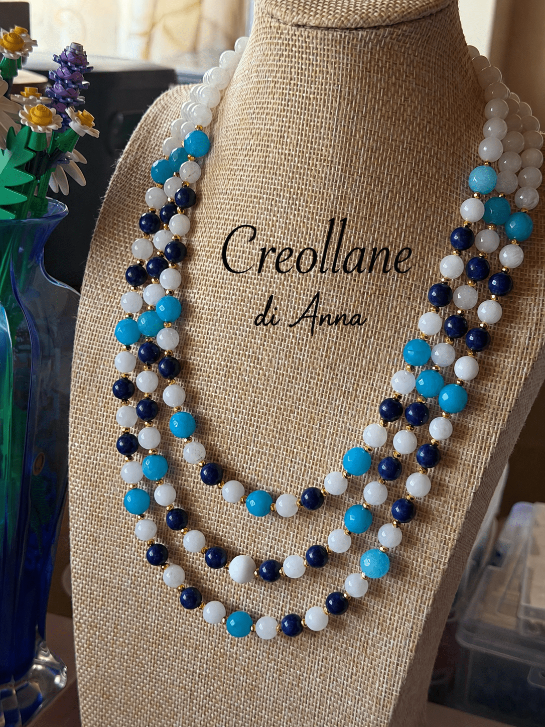 Collana Girocollo Multifilo Giada Giadeite, Agata Blu, Agata Azzurra e Inserti Oro | Handmade Made in Italy