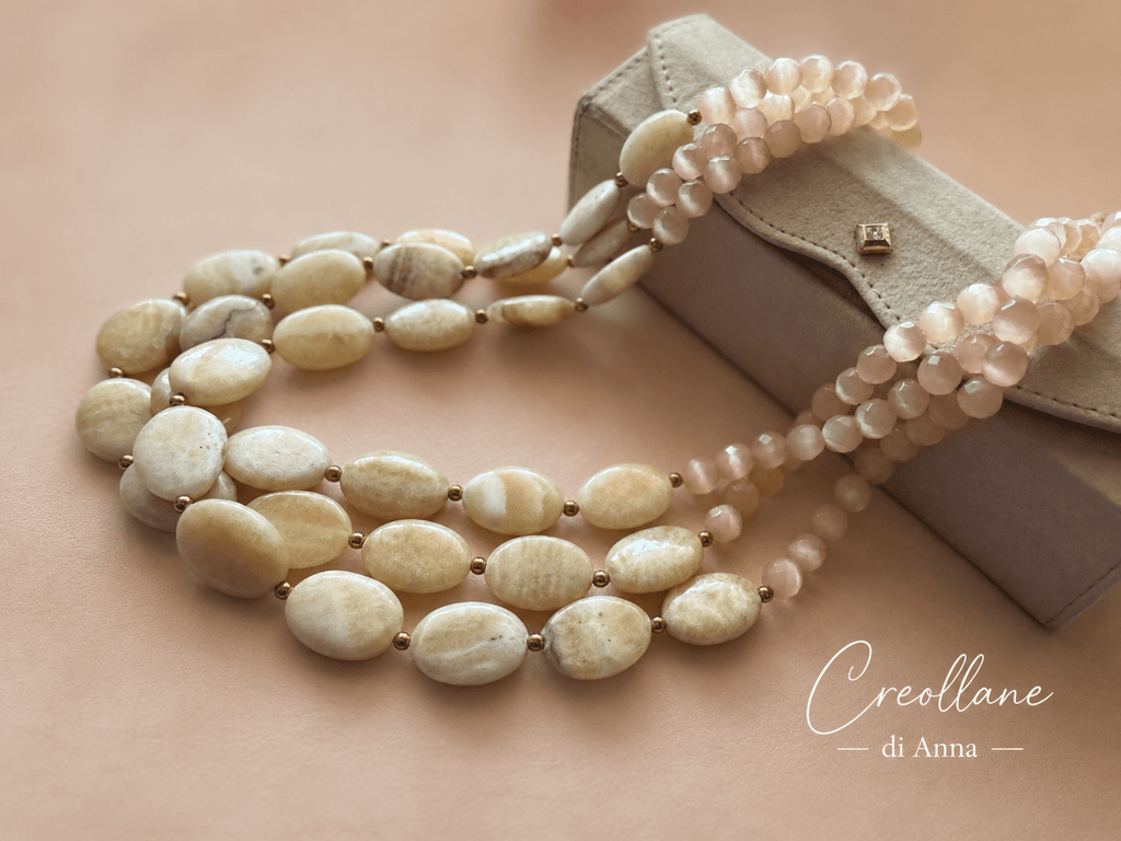 Collane Collana Girocollo Multifilo in Opale Naturale e Pietra di Luna | Beige, Avorio | Made in Italy - Handmade Made in Italy