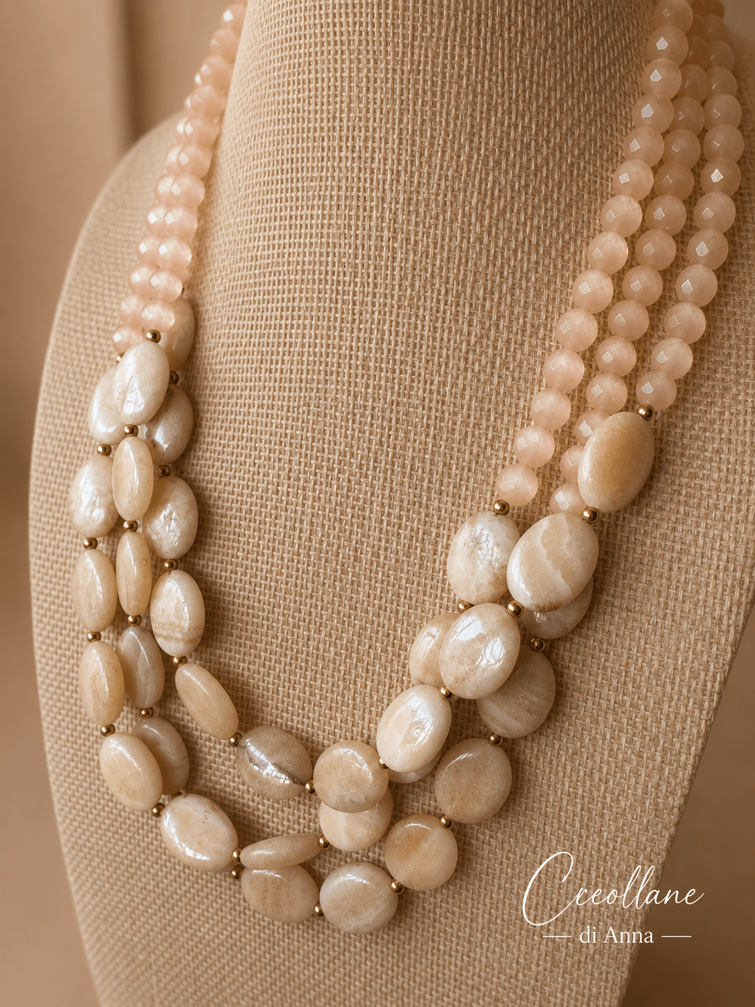 Collane Collana Girocollo Multifilo in Opale Naturale e Pietra di Luna | Beige, Avorio | Made in Italy - Handmade Made in Italy
