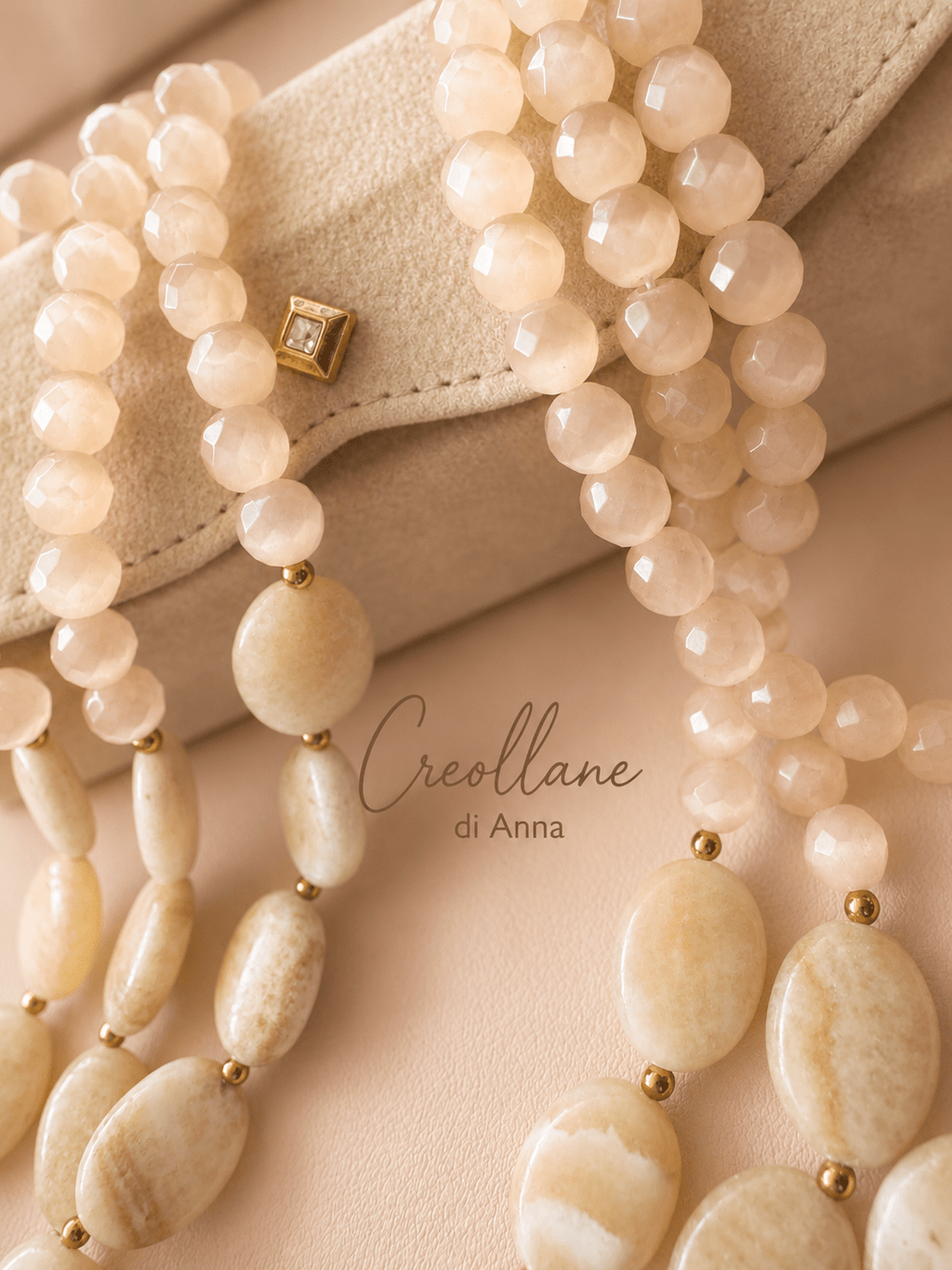 Collane Collana Girocollo Multifilo in Opale Naturale e Pietra di Luna | Beige, Avorio | Made in Italy - Handmade Made in Italy