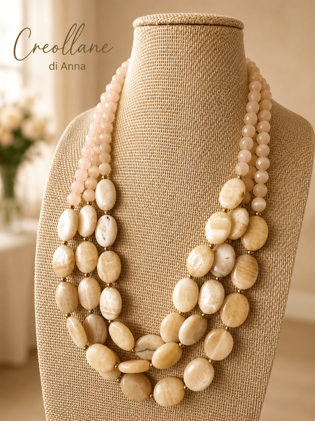 Collane Collana Girocollo Multifilo in Opale Naturale e Pietra di Luna | Beige, Avorio | Made in Italy - Handmade Made in Italy