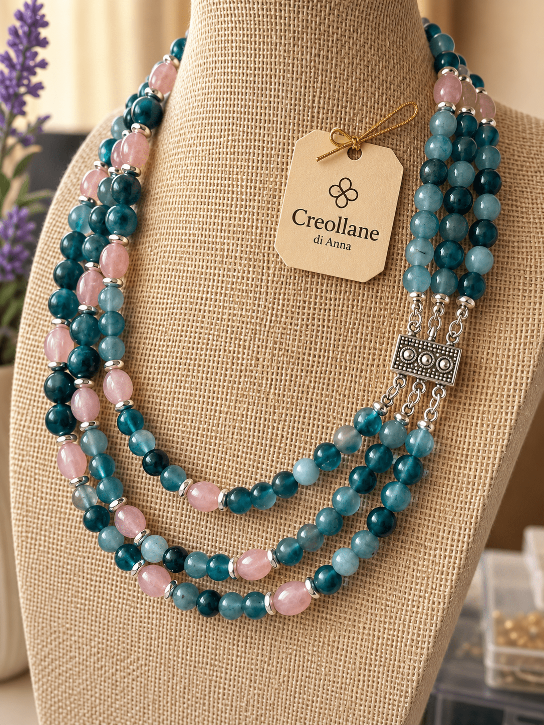 Collane Collana Girocollo Multifilo Pietra Ottanio, Quarzo Rosa e Ematite | Made in Italy - Handmade Made in Italy