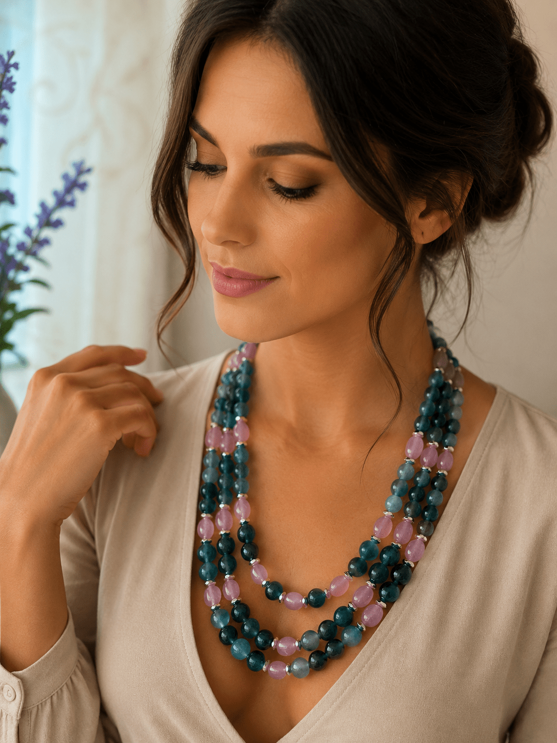 Collane Collana Girocollo Multifilo Pietra Ottanio, Quarzo Rosa e Ematite | Made in Italy - Handmade Made in Italy