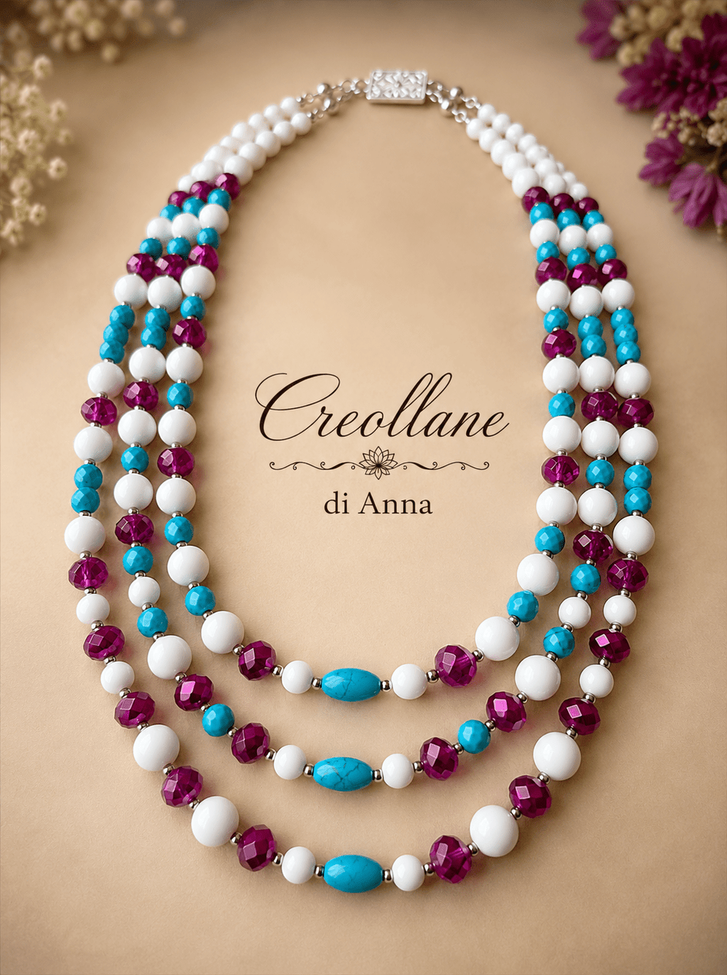 Collane Collana Girocollo Multistrato Artigianale Handmade | Turchinite, Magnesite e Cristalli Fucsia | Made in Italy - Handmade Made in Italy