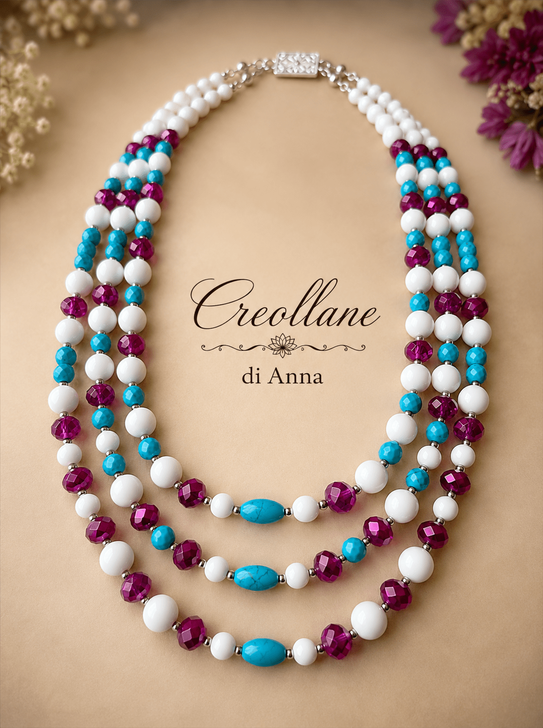 Collane Collana Girocollo Multistrato Artigianale Handmade | Turchinite, Magnesite e Cristalli Fucsia | Made in Italy - Handmade Made in Italy