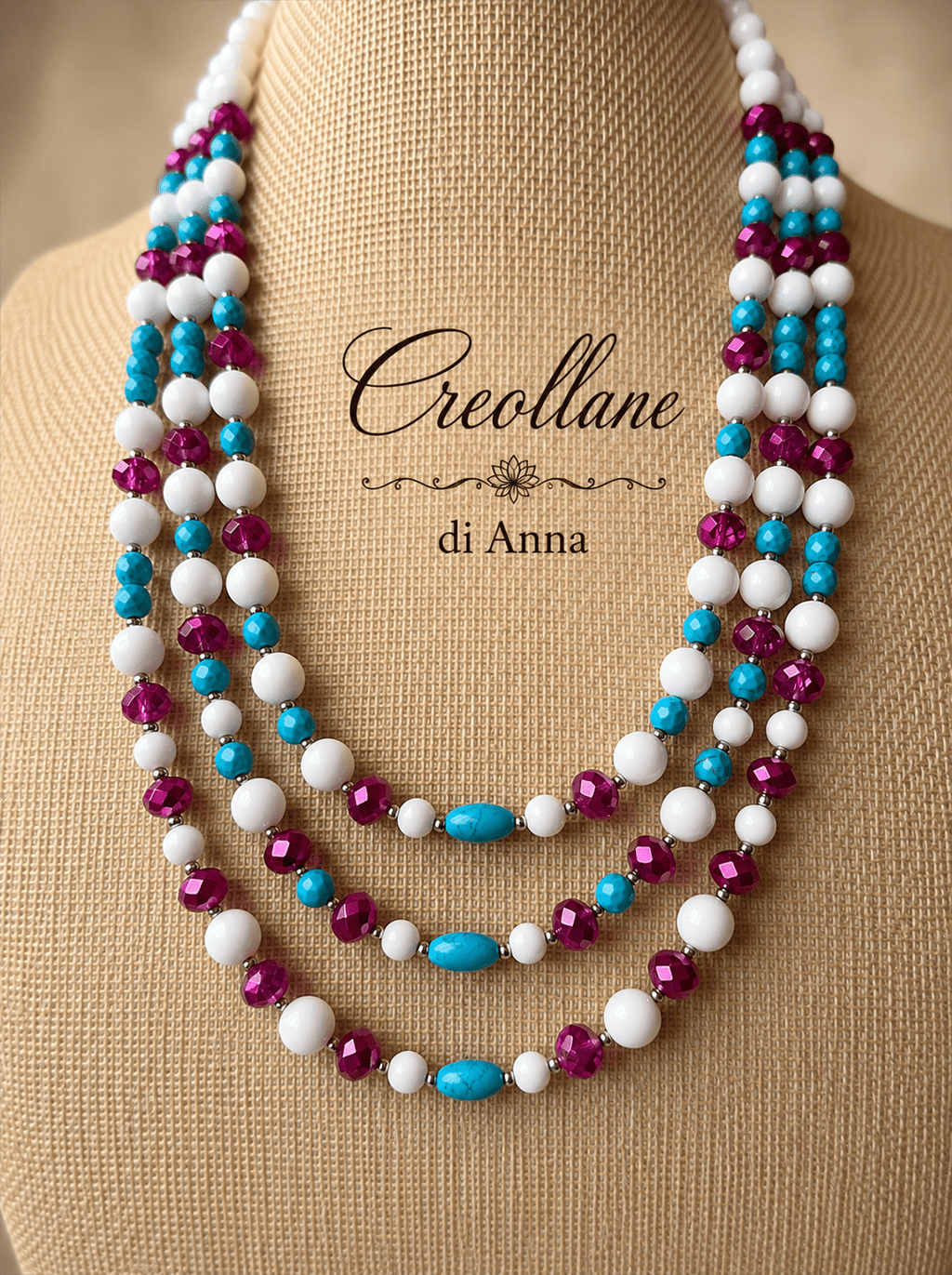 Collane Collana Girocollo Multistrato Artigianale Handmade | Turchinite, Magnesite e Cristalli Fucsia | Made in Italy - Handmade Made in Italy