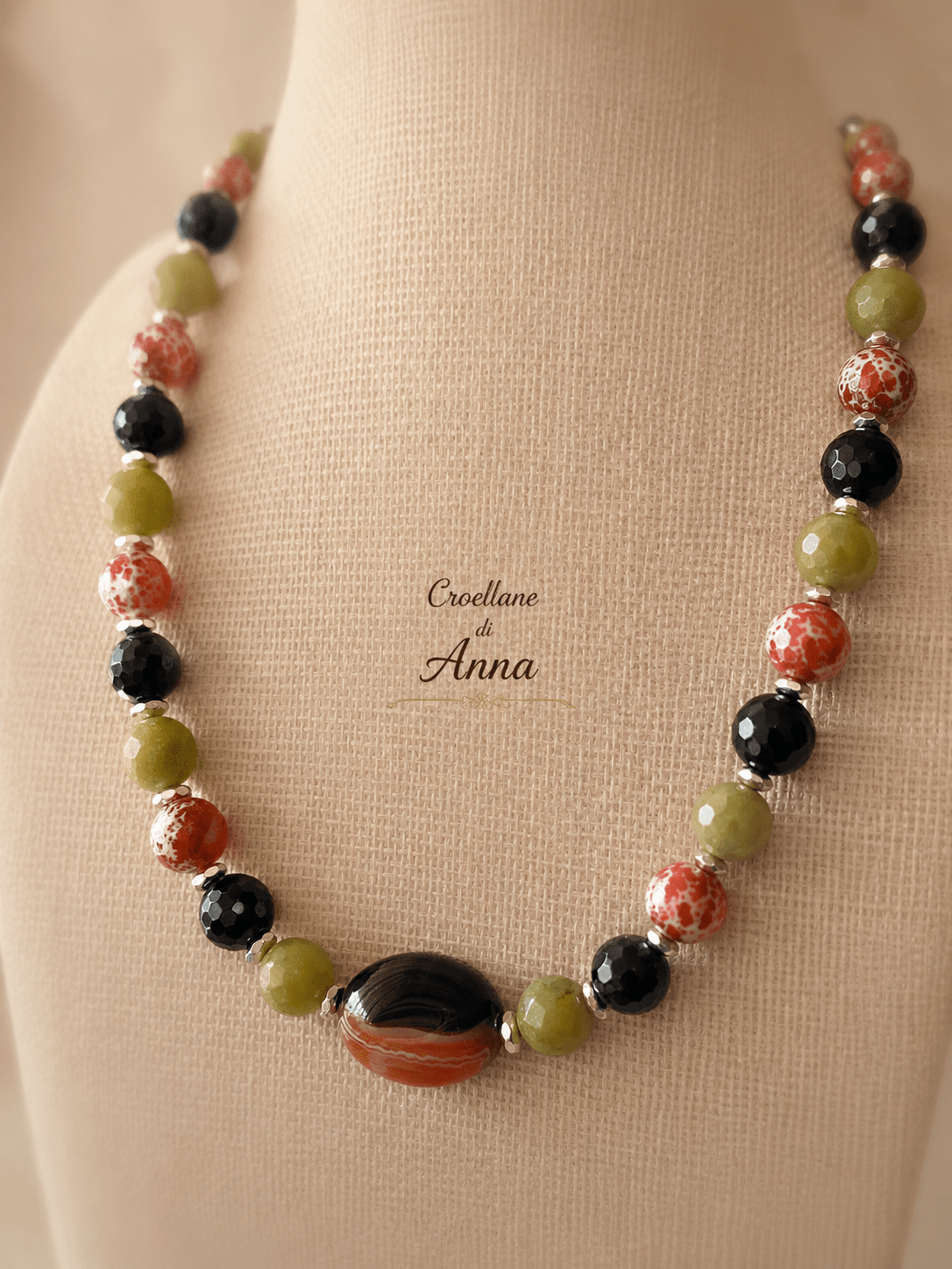 Collane Collana Girocollo Pietre Naturali – Agata Pelle di Serpente, Serpentino, Onice Nero e Ematite Silver - Handmade Made in Italy