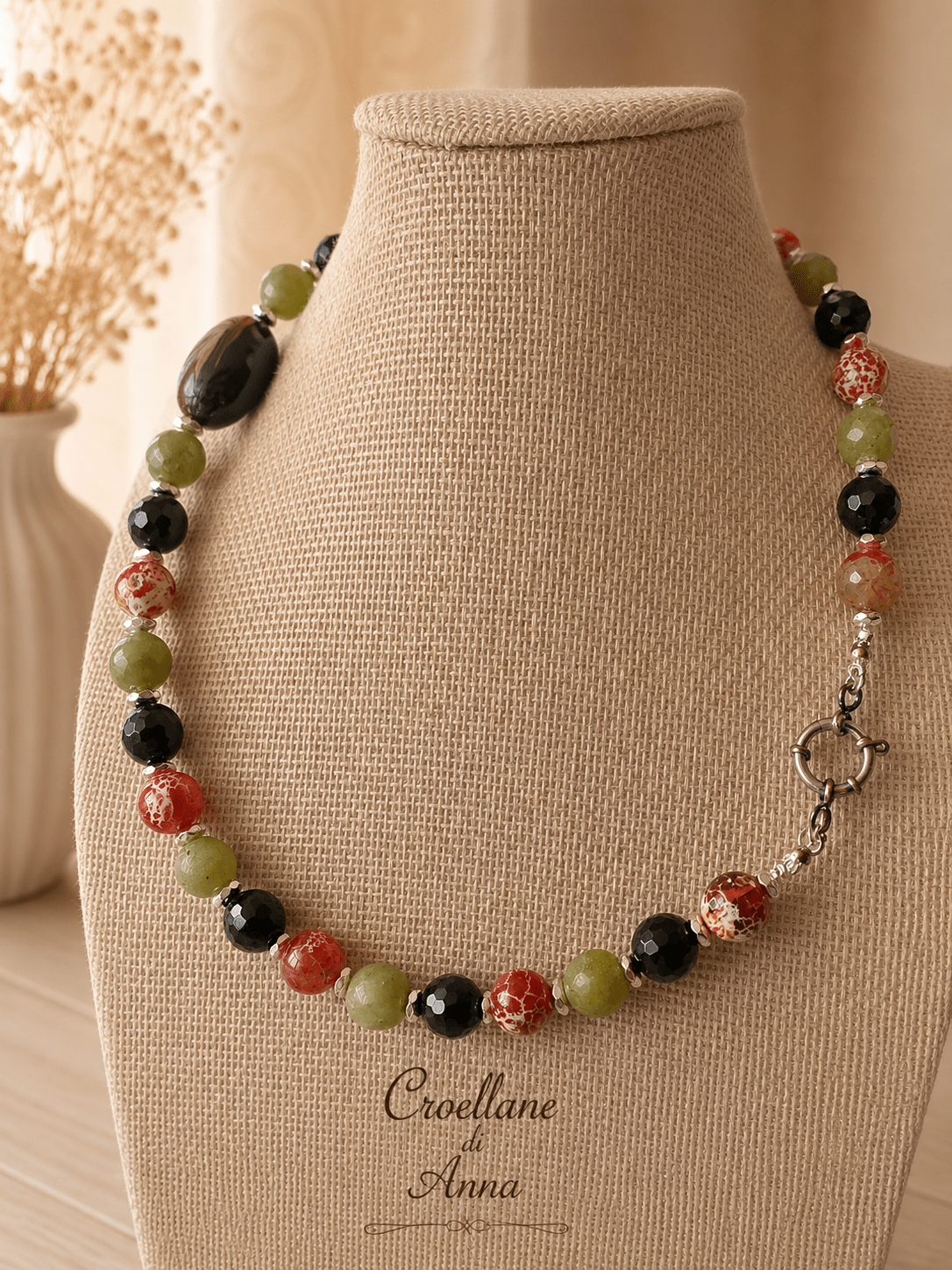 Collane Collana Girocollo Pietre Naturali – Agata Pelle di Serpente, Serpentino, Onice Nero e Ematite Silver - Handmade Made in Italy