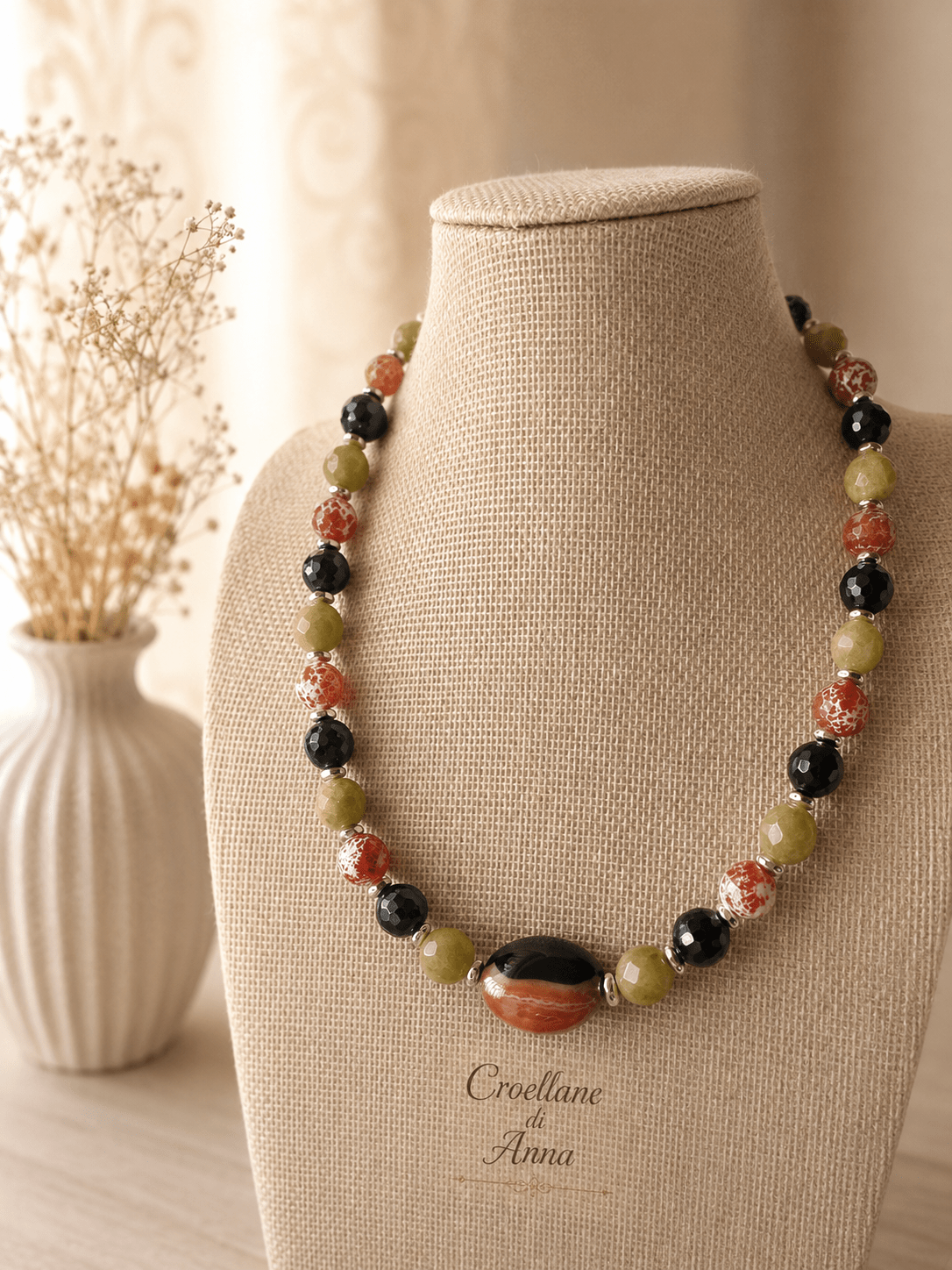 Collane Collana Girocollo Pietre Naturali – Agata Pelle di Serpente, Serpentino, Onice Nero e Ematite Silver - Handmade Made in Italy